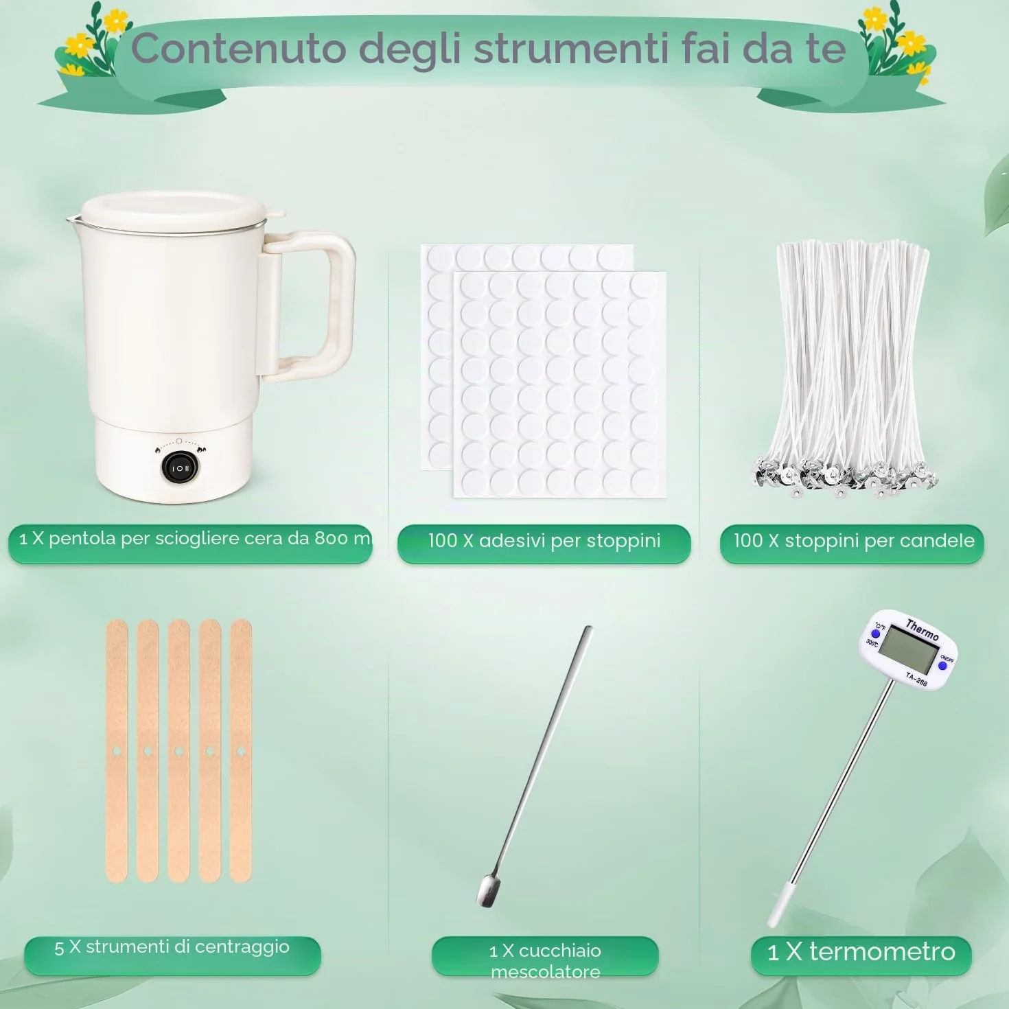 Spoyletto Fusciera elettrica per candele fai da te, set con pentola fusione cera, termometro, stoppino e cucchiaio