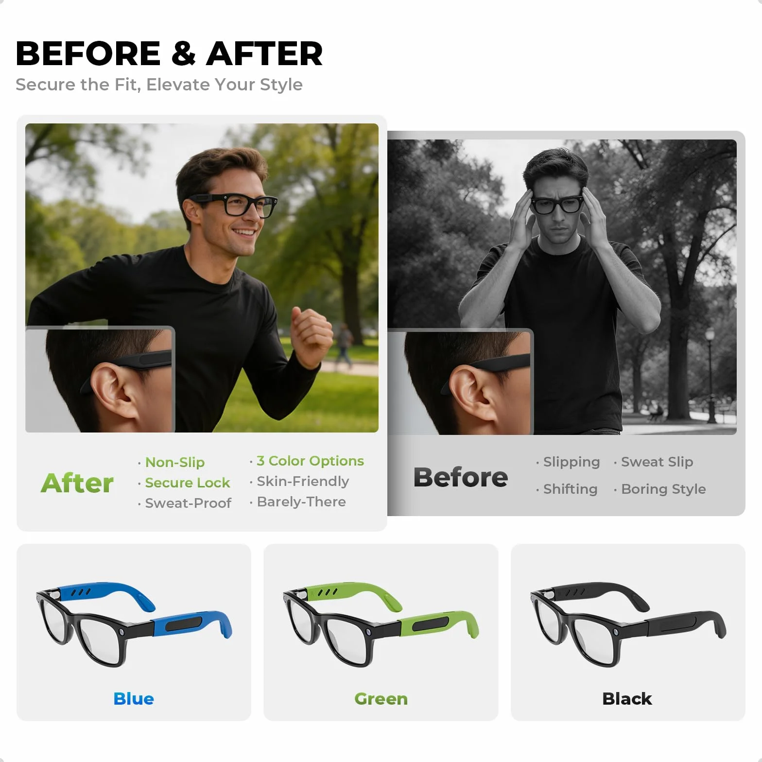 Grip w silikonie do okularów kompatybilnych z Ray-Ban Meta Smart Glasses, antypoślizgowe haczyki na uszy i uchwyty do okularów