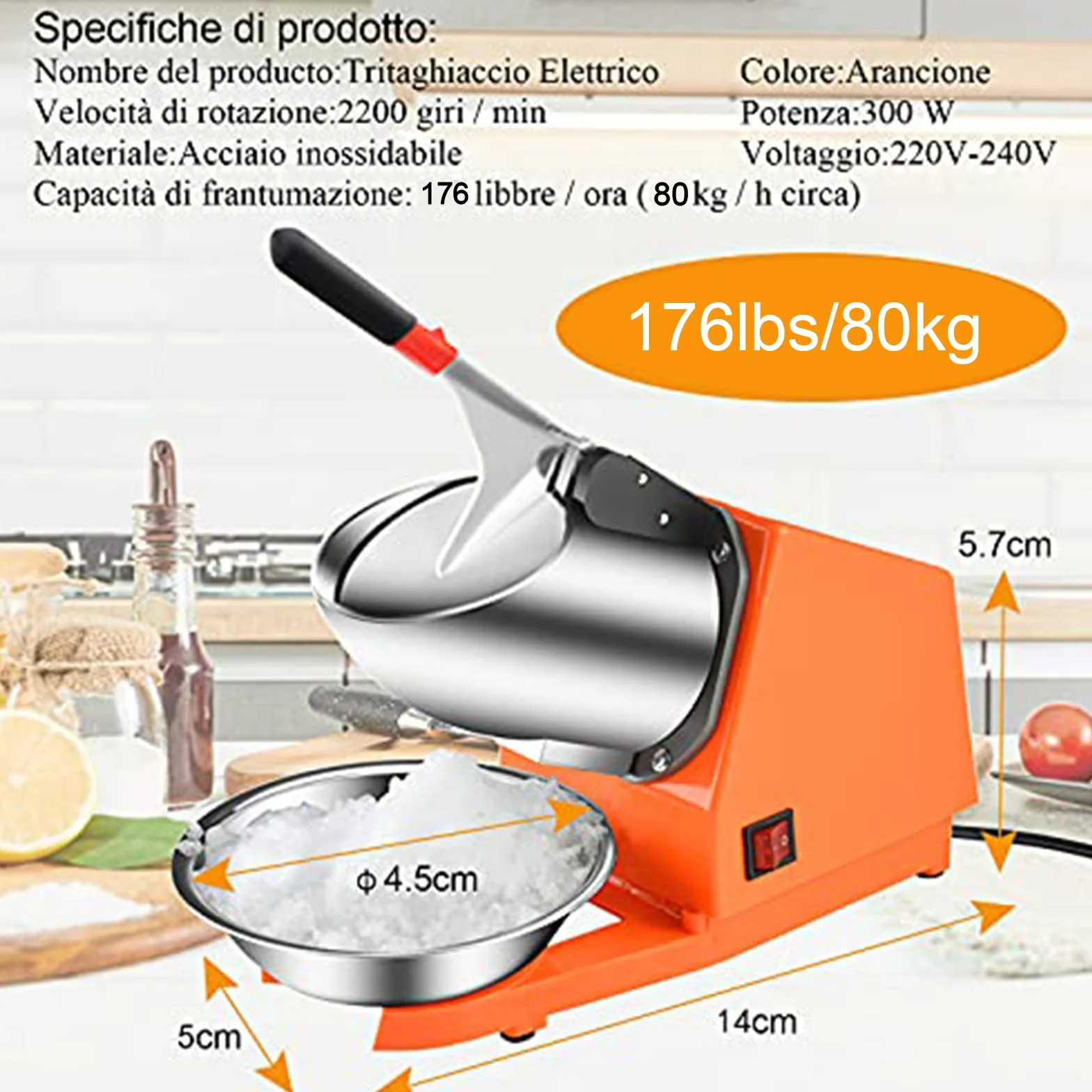 Tritaghiaccio Elettrico 300W,Tritaghiaccio a Doppia Lama,Tritaghiaccio Elettrico Professionale con Ciotola in Acciaio Inossidabile,Acciaio Inossidabile,per Bar e Ristoranti(Arancia)