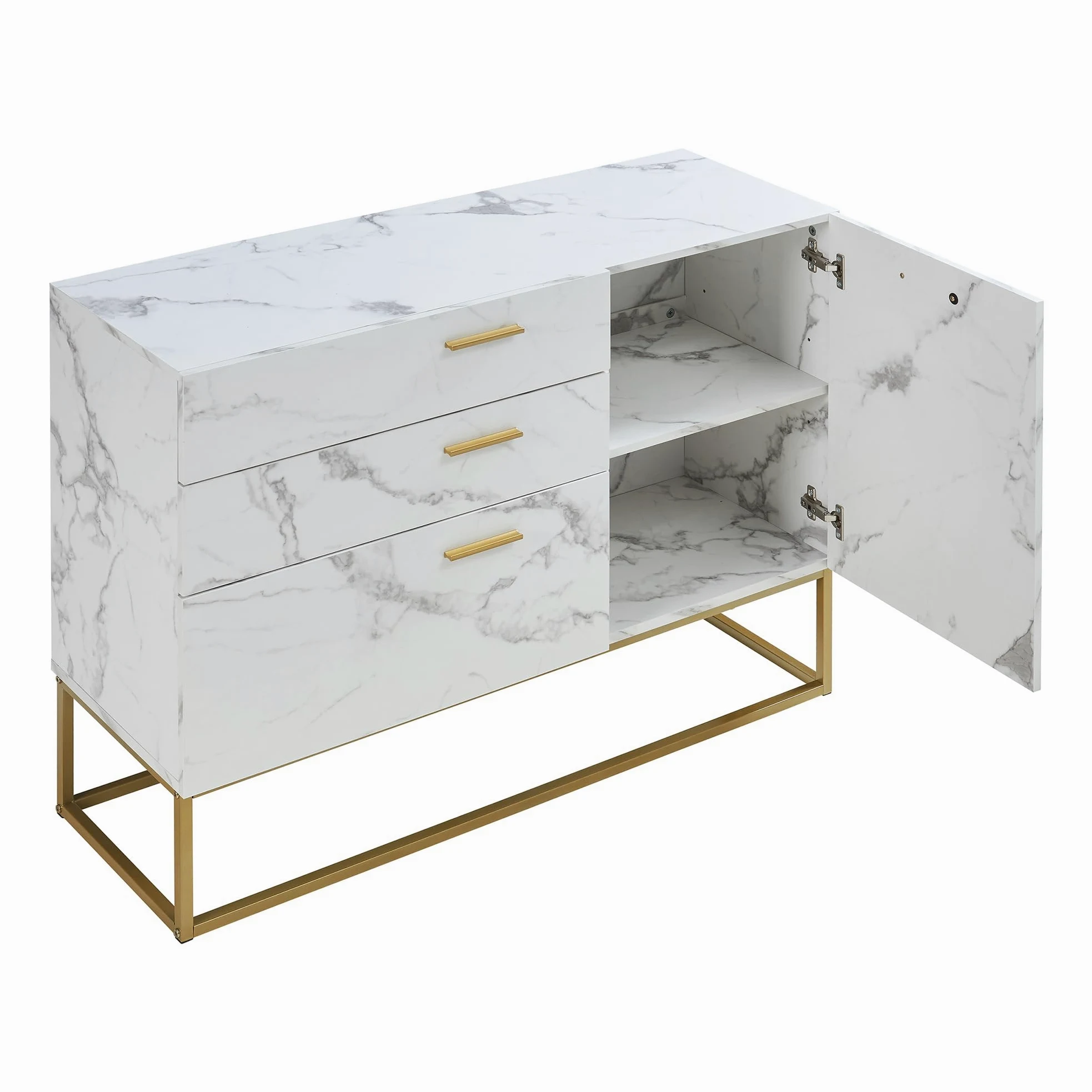 [en.casa] Comò con Anta e 3 Cassetti Armadio Basso Mobile Contenitore per Soggiorno Ingresso con Telaio in Metallo 75 x 100 x 35 cm Dorato/Effetto Marmo Bianco