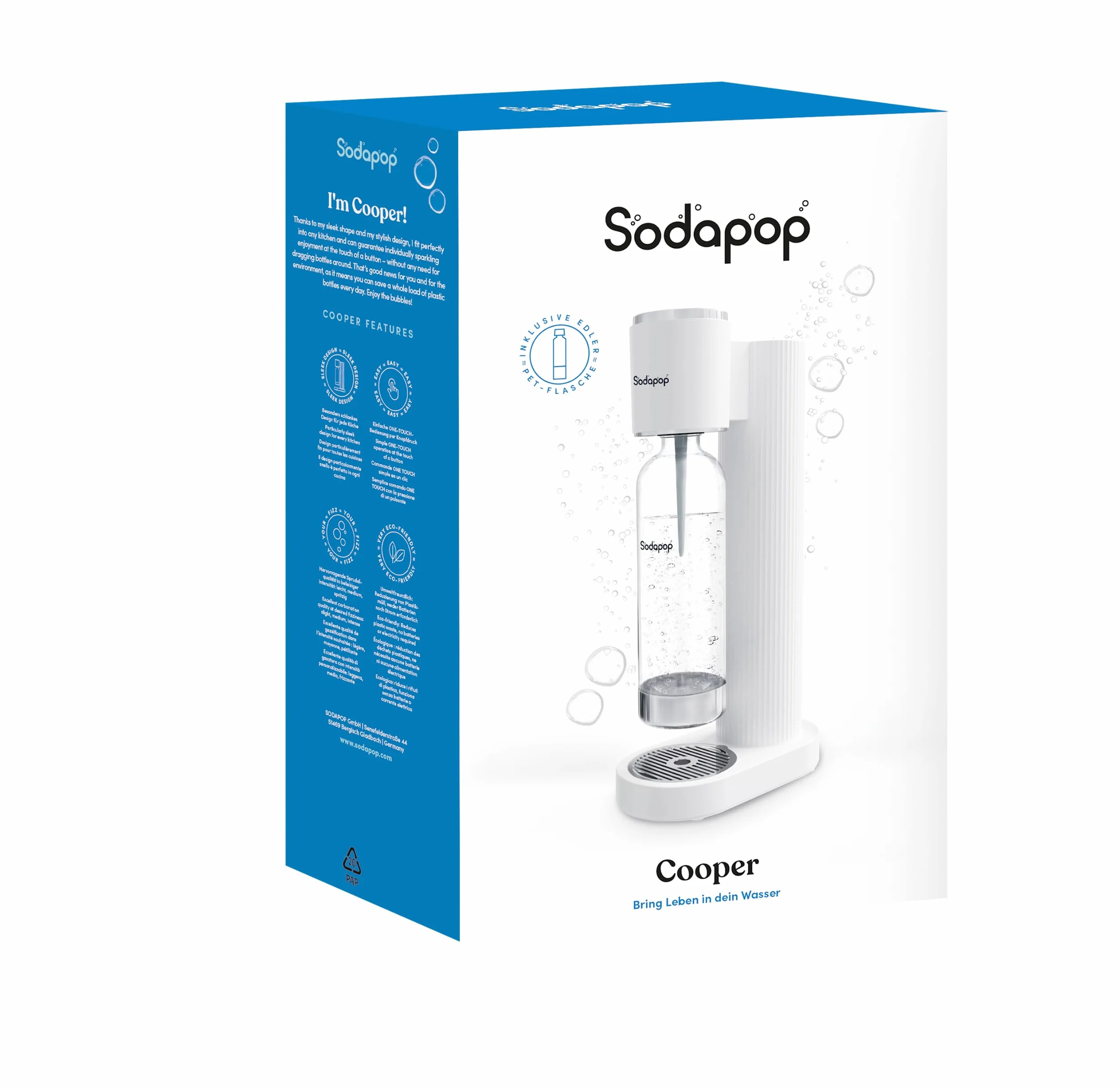 Sodapop Gommino Cooper bianco, con 1 bottiglia in PET, elegante e salvaspazio, altezza 44,9 cm