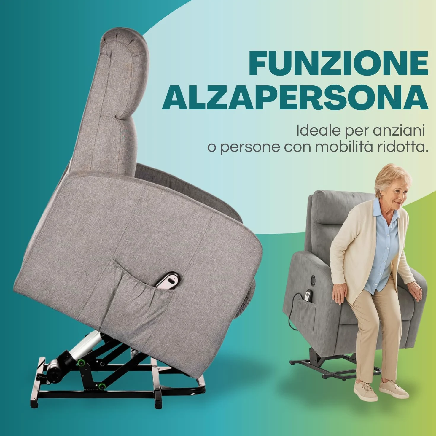 PALUPLUS Poltrona Dynamica Motorizzata Reclinabile e Massaggiante, Misura 74x77x110 cm, Poltrona in Tessuto Traspirante con Poggiapiedi, Alzapersona Automatica e 2 Ruote, Design Elegante -40 (Grigio)