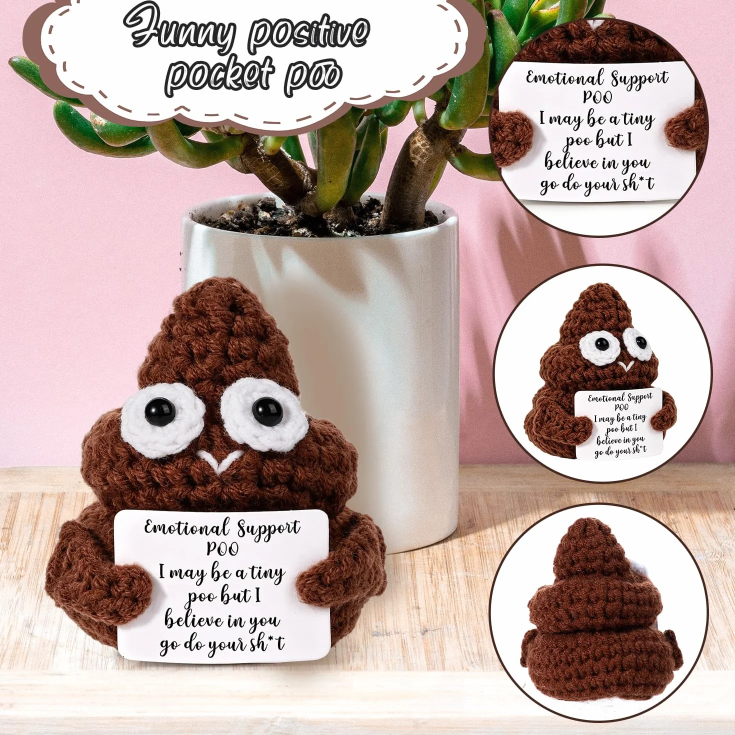 BOXOB Mini Divertente Cacca Positiva, Interessante Bambola di Cacca di Lana Lavorata a Maglia da 7,5cm Bambola di Cacca per Regali di Compleanno Decorazione per Feste di Incoraggiamento (Marrone)