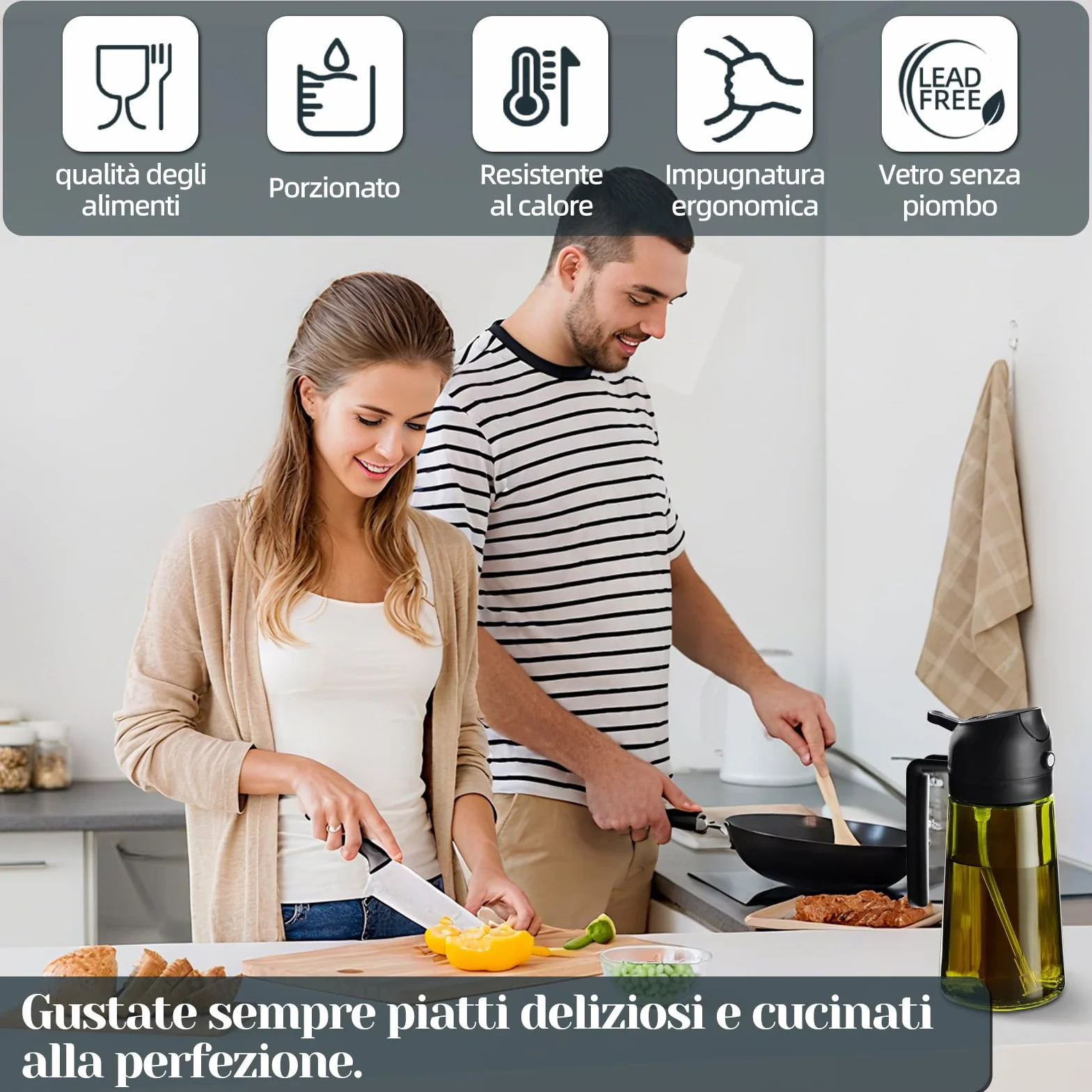 Spruzzatore per olio in vetro da 470 ml, 2 in 1, dispenser e flacone spray – per cucina, friggitrice ad aria e grill – senza BPA, a prova di perdite, riutilizzabile