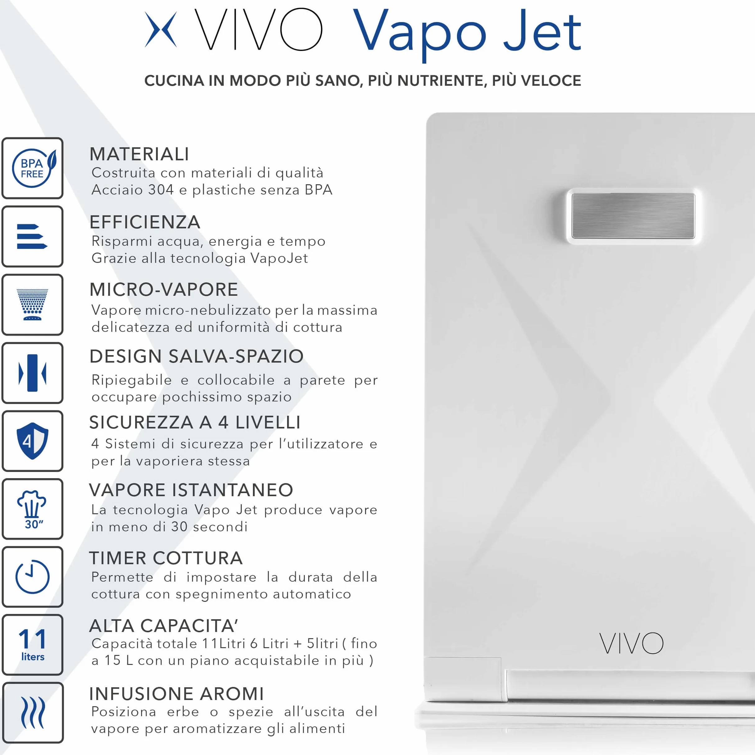 VIVO Vapo Jet | Vaporiera Istantanea, Salva Spazio, Vaporiera Elettrica | Cottura al vapore, utile anche per sterilizzare