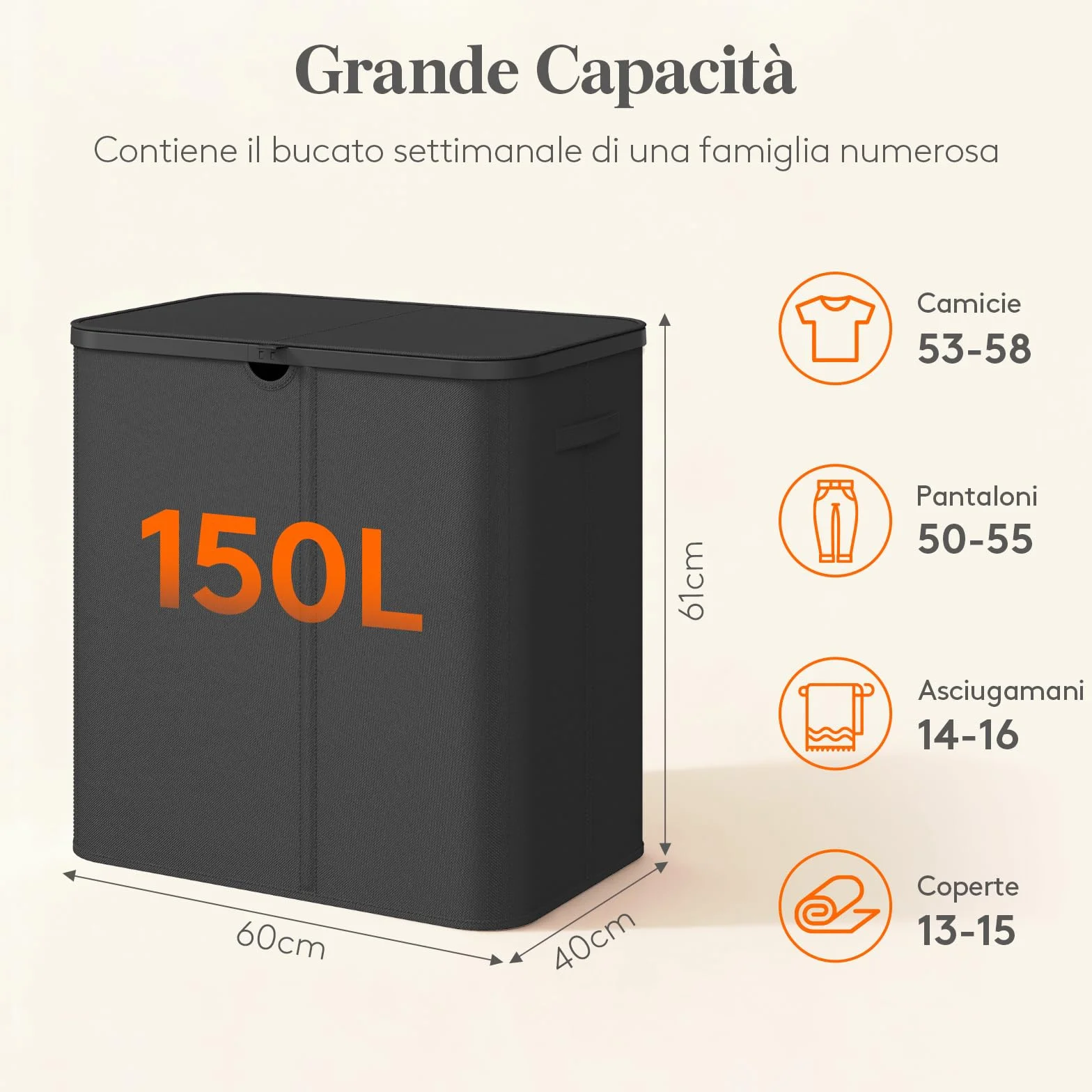 Lifewit Cesto Portabiancheria con Coperchio, Grande Portabiancheria Pieghevole a 3 Scomparti con Sacchi Rimovibili, Laundry Basket per Camera da Letto, Bagno e Lavanderia, 150L, Nero