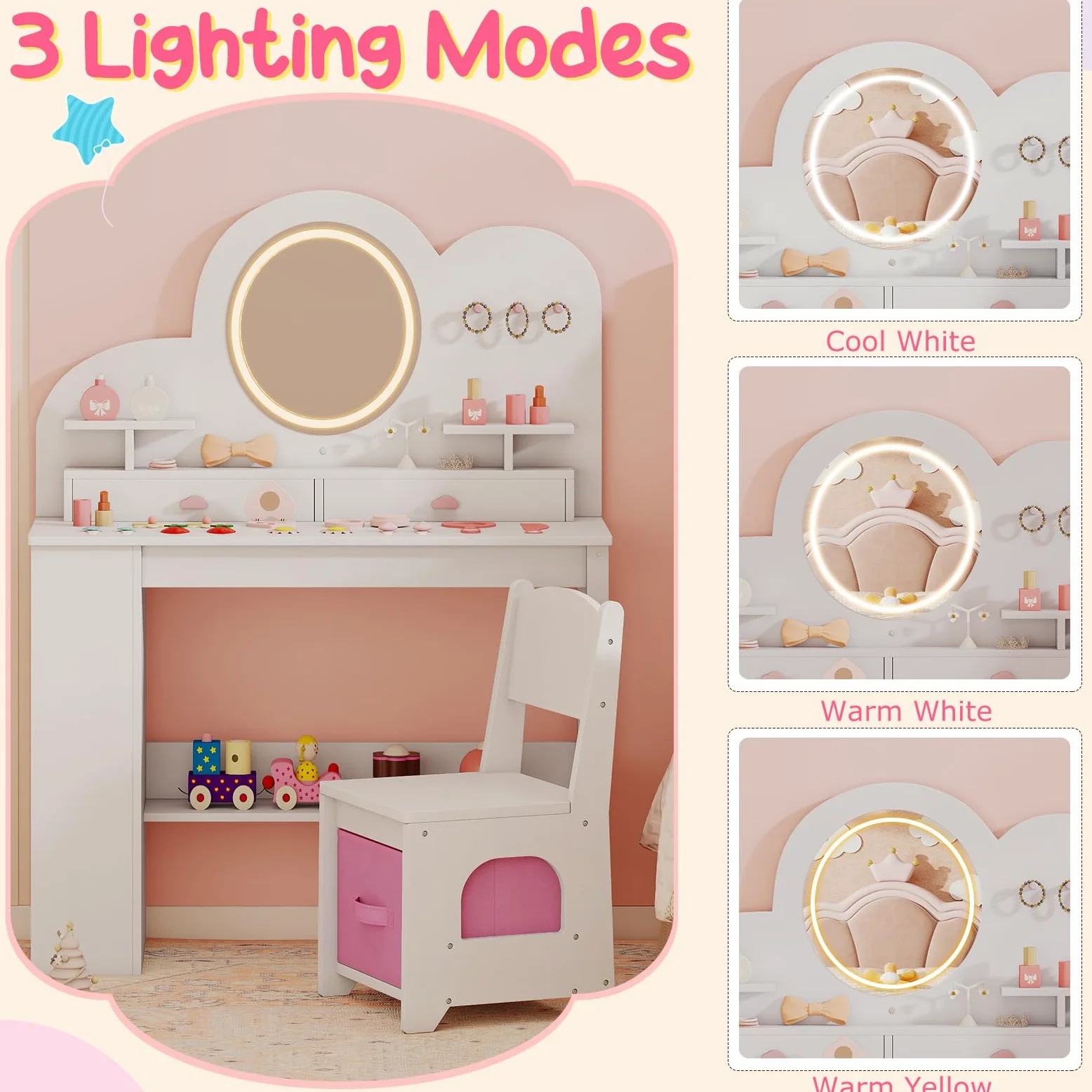 LIFEZEAL Specchiera Trucco per Bambina 3+Anni, con Luci, Sgabello, Sedia, Forma di Nuvole, Toeletta Tavolo, Postazione Makeup, con 3 Cassetti, Ripiani Aperti, Ganci, Accessori, Cameretta (bianco)
