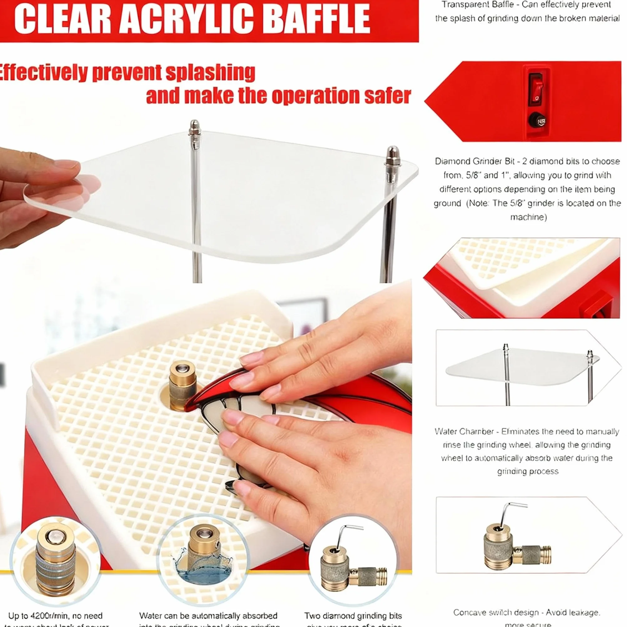 Smerigliatrice per Vetro Portatile,220V,con Funzione di Aspirazione,Protezione Trasparente,5 Testine Smerigliatrici Intercambiabili Accessori universali,design a doppio strato,per Vetro e Ceramica
