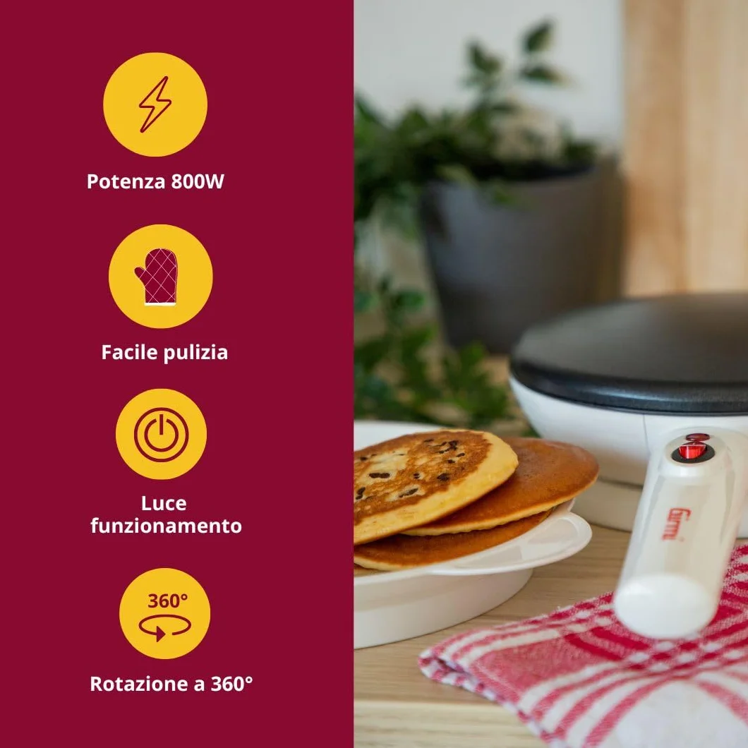 Girmi TS36 Crepiera 800 W, Powłoka Nieprzywierająca, Płyta 20 cm, Obrotowa Podstawa 360°, Biały