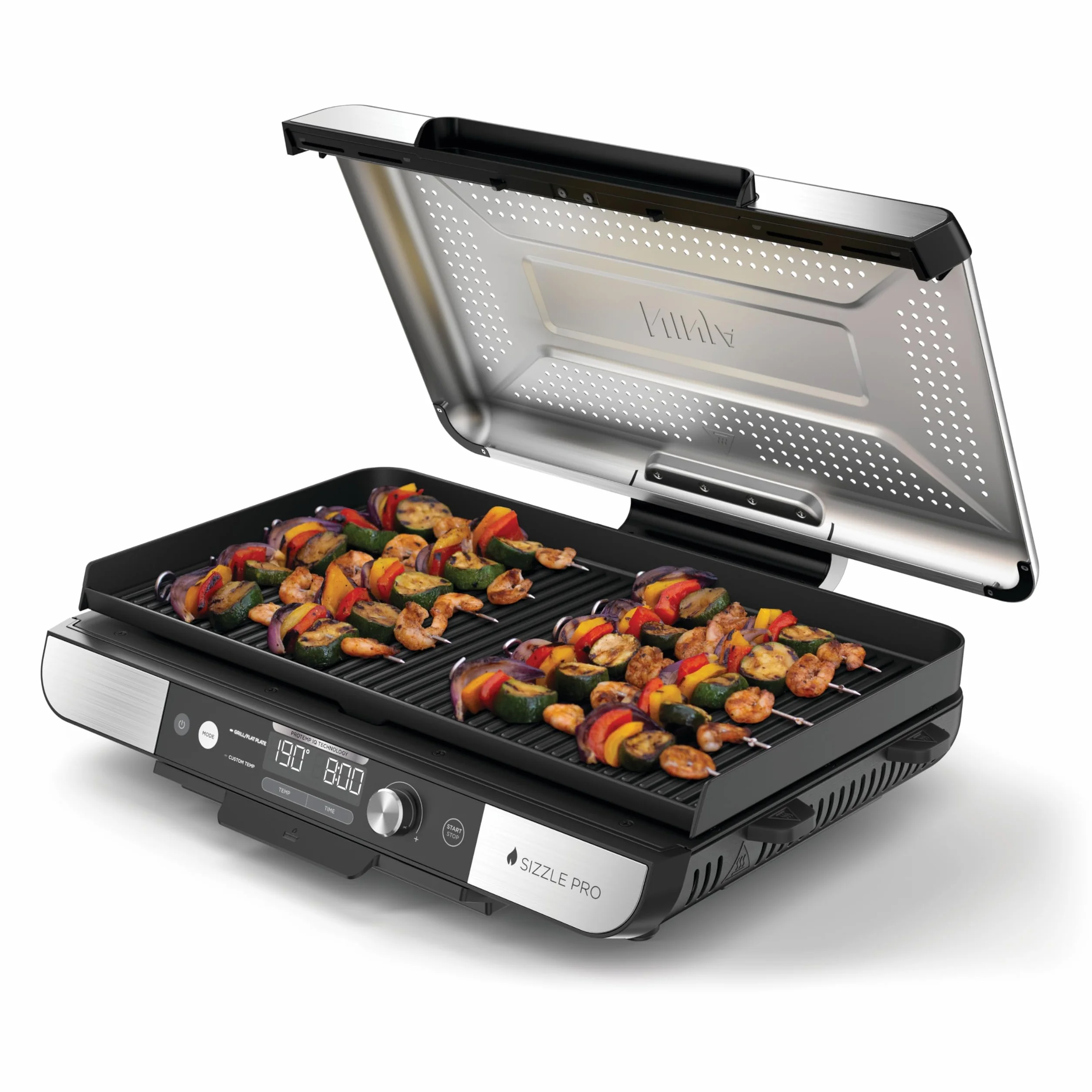 Ninja Sizzle Pro XL Griglia e piastra liscia da interni, rivestimento antiaderente in ceramica, coperchio rimovibile, vassoio raccogli-grasso, ricettario, argento/nero GX101EU