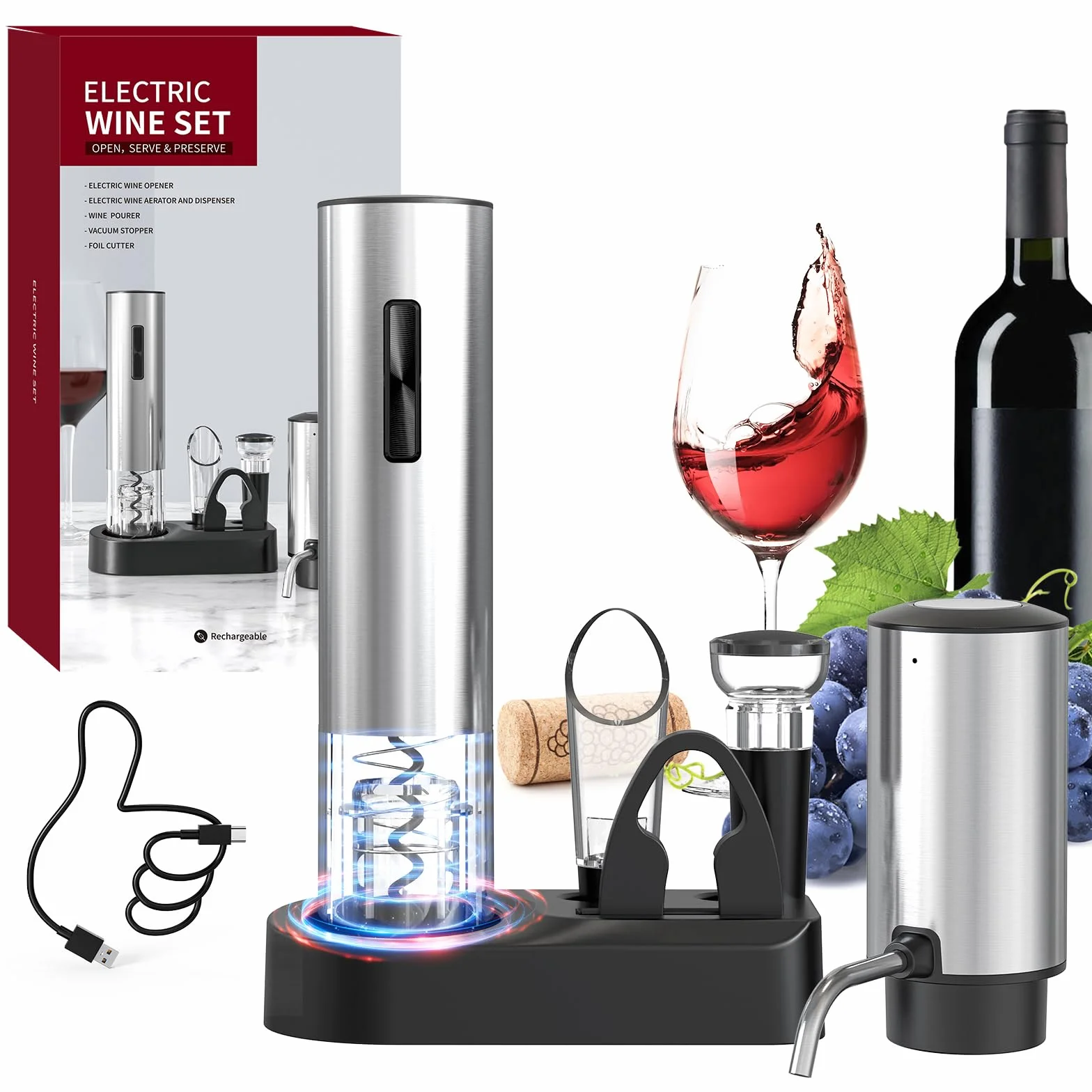 Apribottiglie Elettrico 6 in 1 Ricaricabile con Aeratore, Tappo a vuoto, Tagliacapsule, Cavatappi Automatico