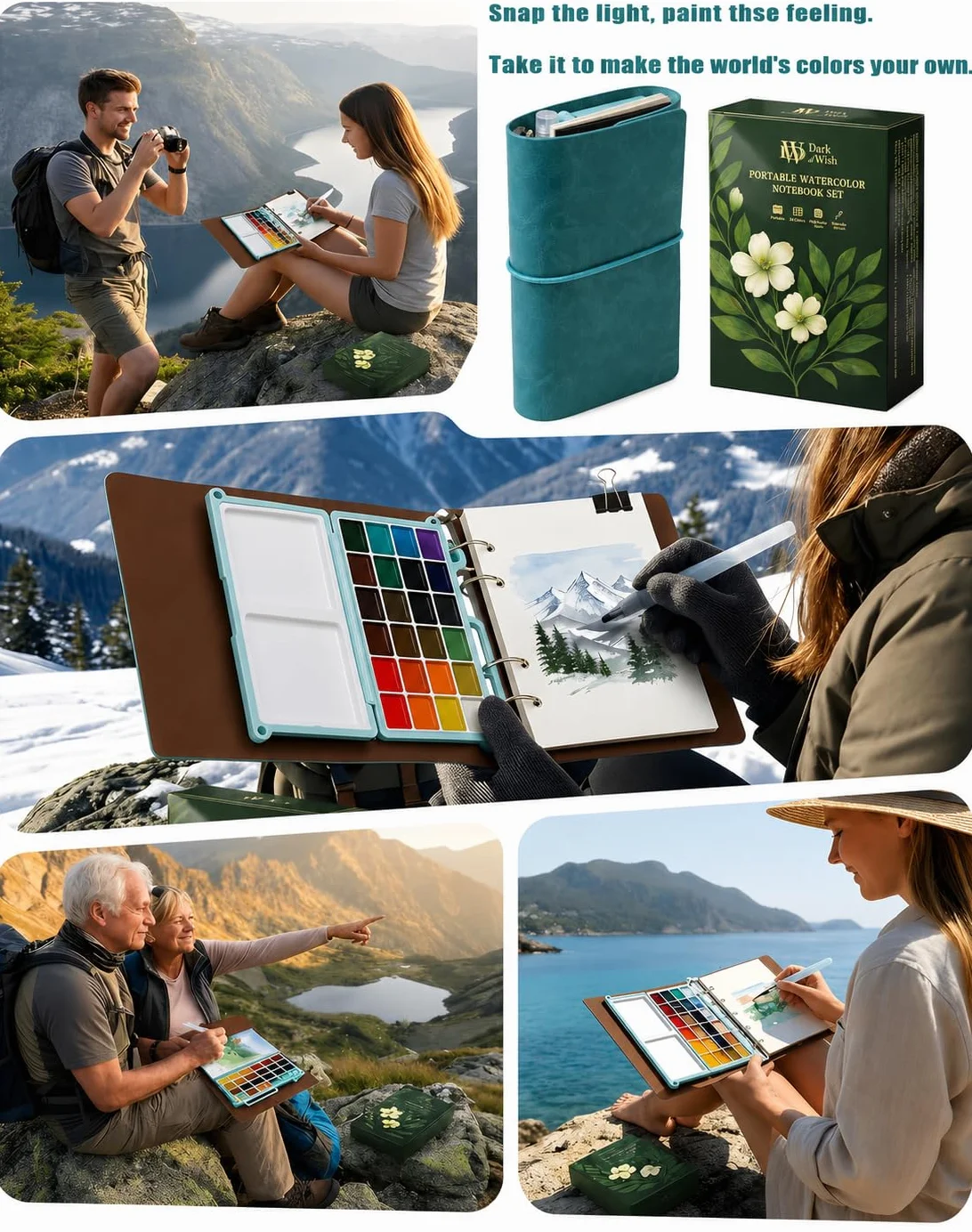 Set di pittura ad acquerello portatile per adulti – Kit da viaggio per acquerelli da 24 colori con taccuino (pagine bianche e nere), pennello e tavolozza ricaricabili, set artistico tutto in uno per