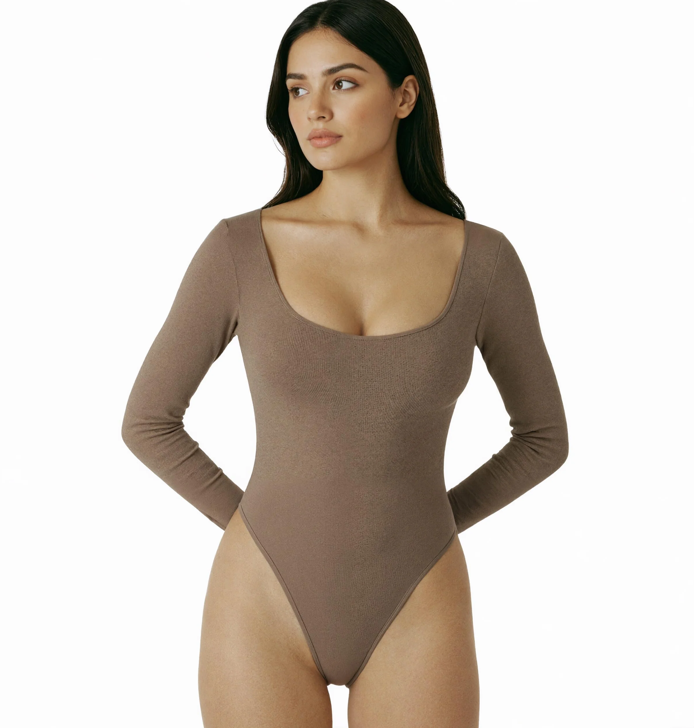 Body Donna in Cotone Maniche Lunghe Scollo Profondo Tinta Unita Aderente Elegante Sexy Elasticizzato