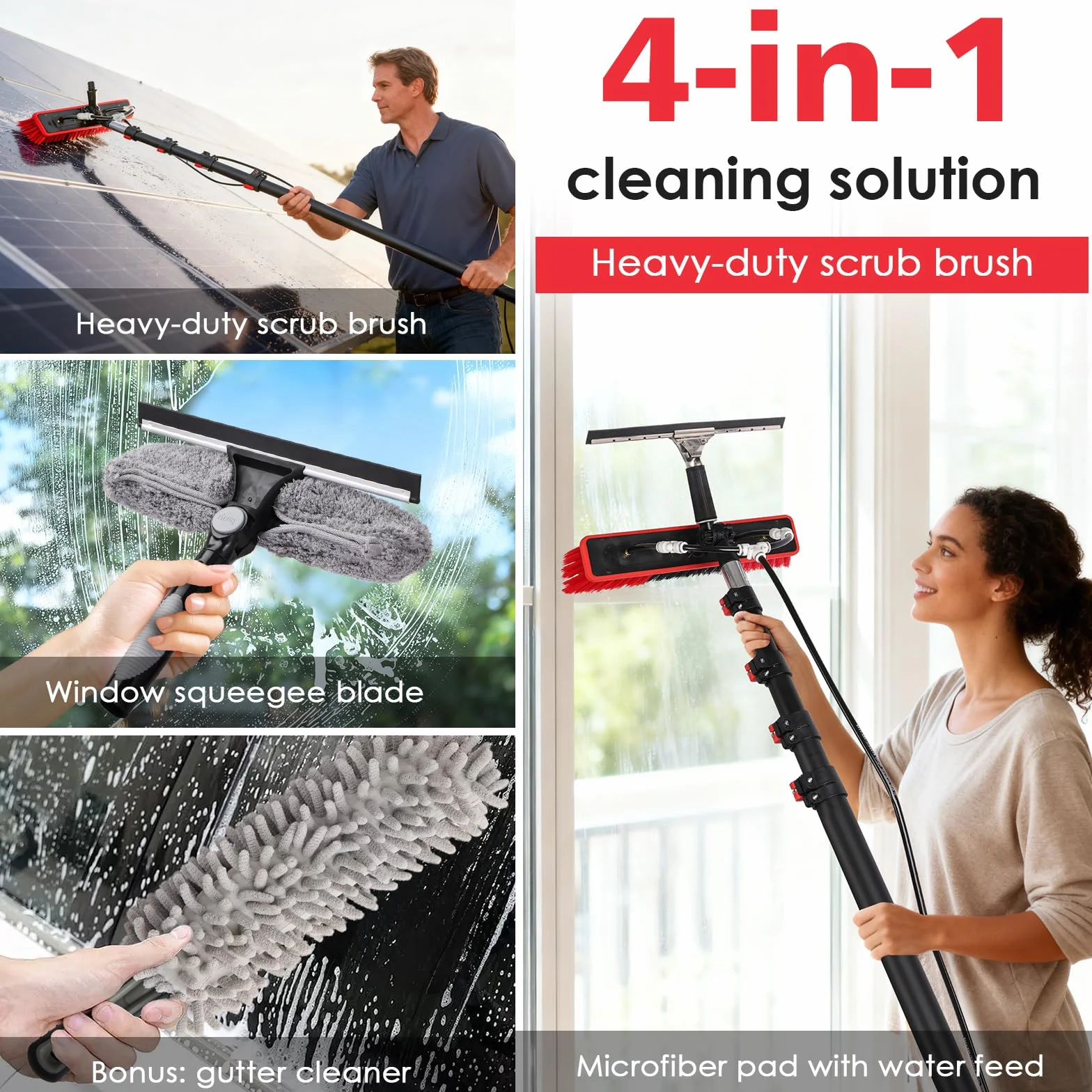Spazzola di lavaggio telescopica 4 in 1, 7,2 m, per fotovoltaici, finestre, camper e tetti – asta telescopica e spazzola telescopica, set di pulizia con attacco dell'acqua, spazzola per la pulizia e