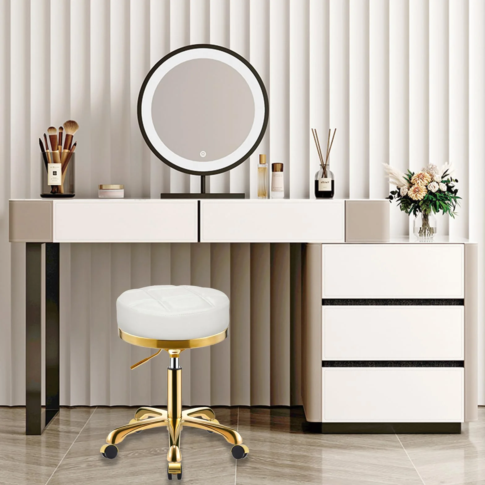 Sgabello con Ruote Dorato, Rotonda Girevole Sedia con Rotelle Pelle PU, Sgabelli per Toeletta Trucco, Ufficio e Estetista, Regolabile Altezza da 45 a 58 cm (Bianco, Senza Schienale)