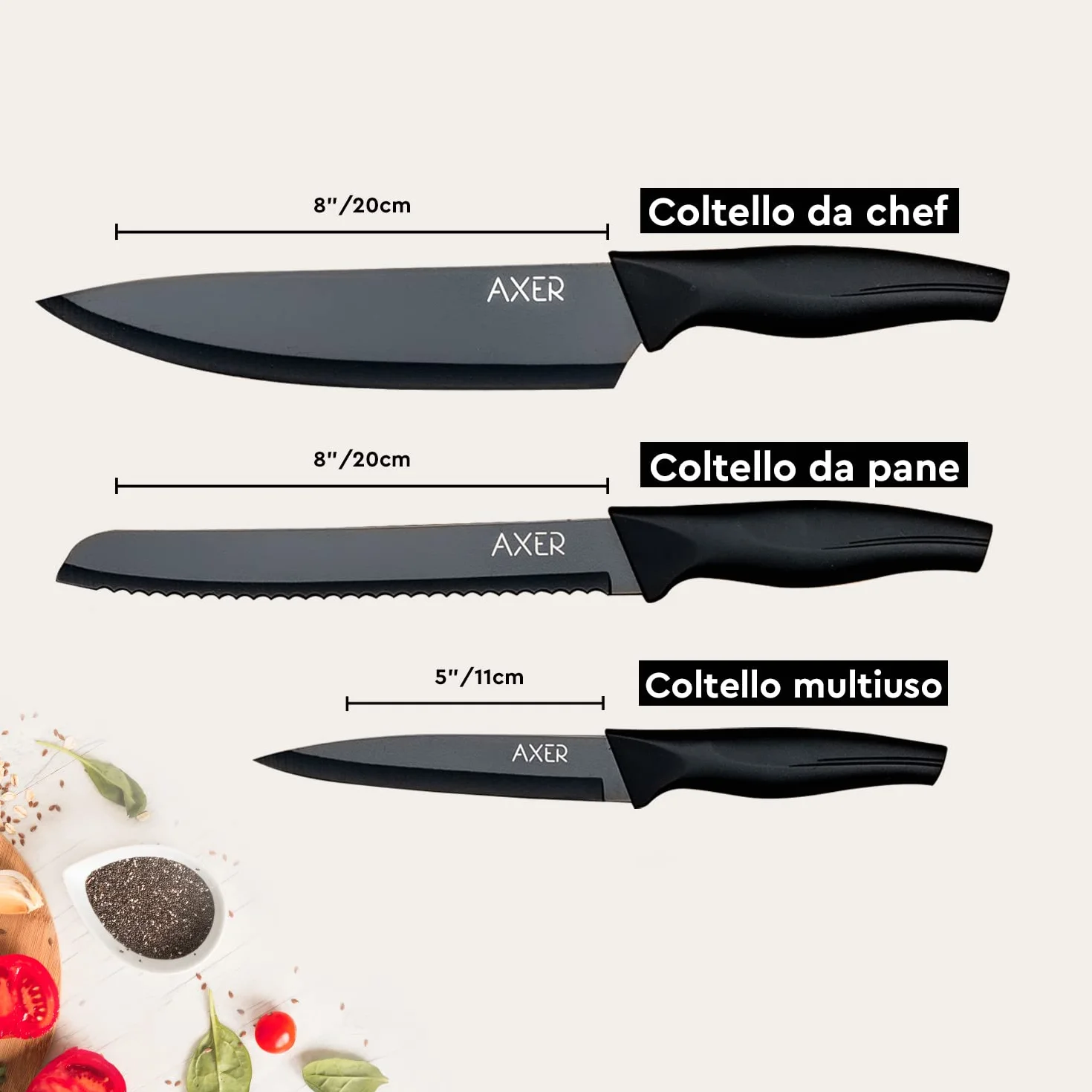 Axer 3 Pezzi Set Coltelli da Cucina Professionali Neri - Chef Knife Inox