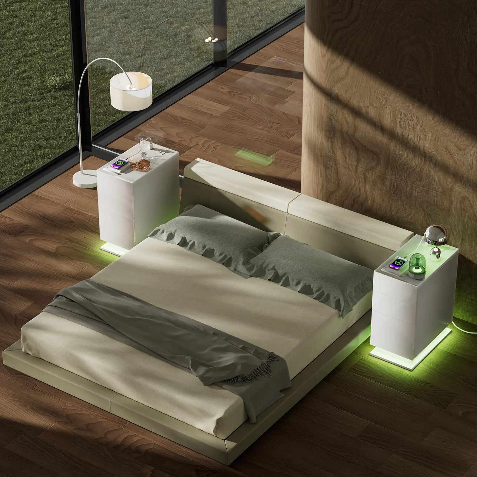 Comodino Moderno con Luci LED, Comodino Stretto con Stazione di Ricarica, Tavolino con 3 Cassetti, Libreria sul Retro, Cassetto Stretto Tavolino Divano
