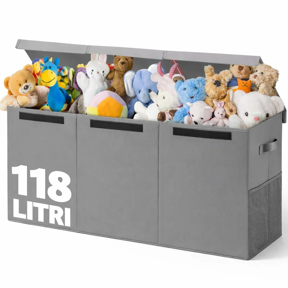 BAKAJI Scatole Portagiochi per Bambini, Scatola Portaoggetti con Coperchio e 3 Scomparti, Porta Giochi da Cameretta Pieghevole in TNT, Scatole Organizer Box Capacità 118 Litri, 91.5x32x40.5cm (Grigio)