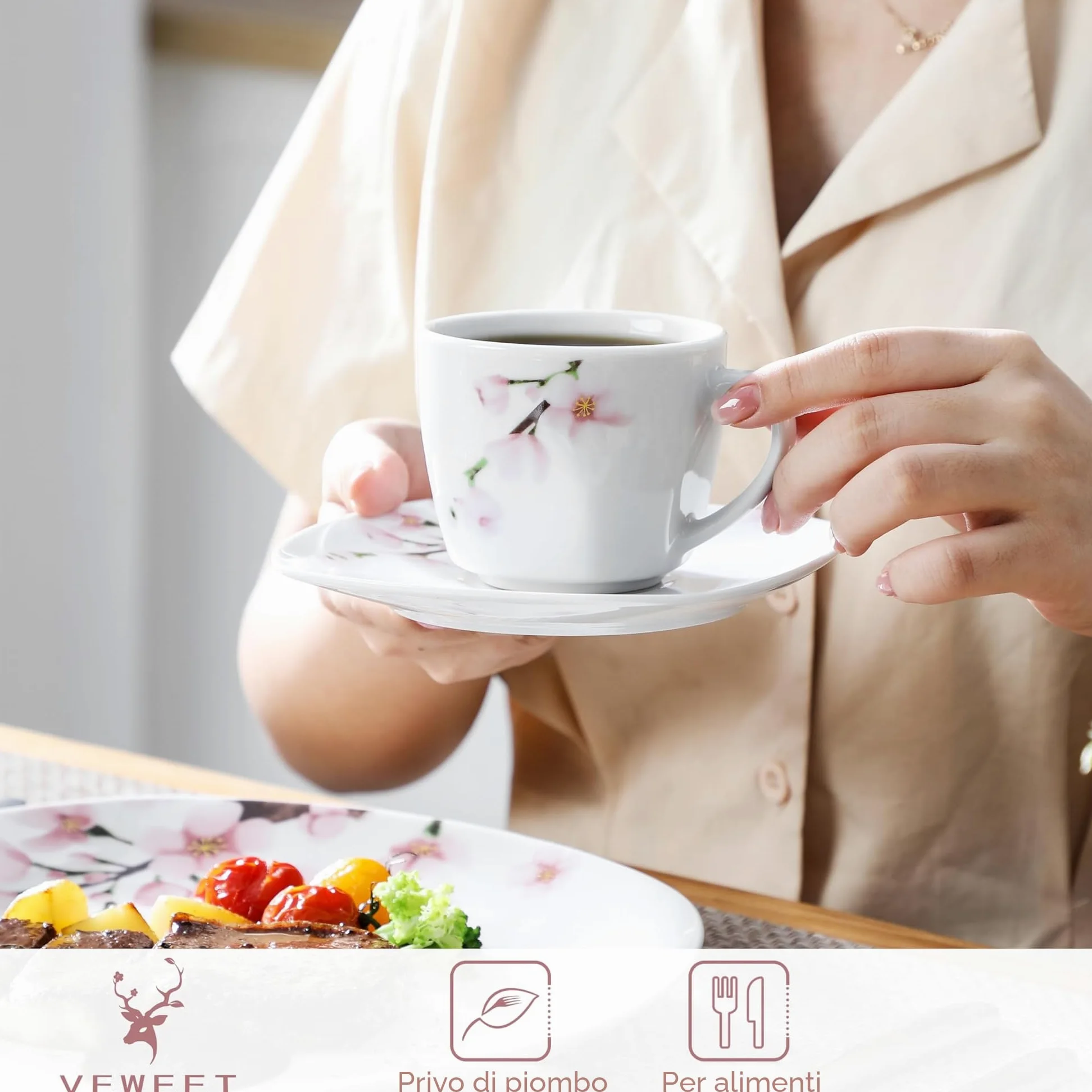 VEWEET Servizio da 30 pezzi in porcellana con tazzine da caffè 175 ml, piattino, piatto da dessert, piatto piano e piatto fondo, servizio completo per 6 persone