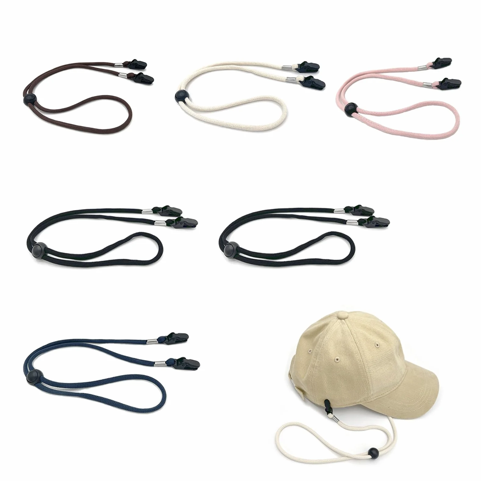 6 Clip Antivento Regolabili per Cappello, Fermi Con Cordino Anti-Smarrimento per Pesca, Escursionismo, Campeggio, Viaggi (Nero, Rosa, Beige, Blu, Caffè)