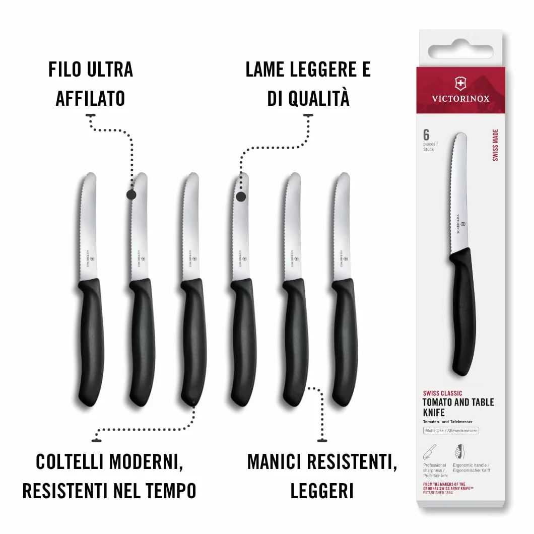 Victorinox Swiss Classic Coltello da colazione Coltello da pane 11 cm Acciaio inossidabile Set 6 Pezzi Nero