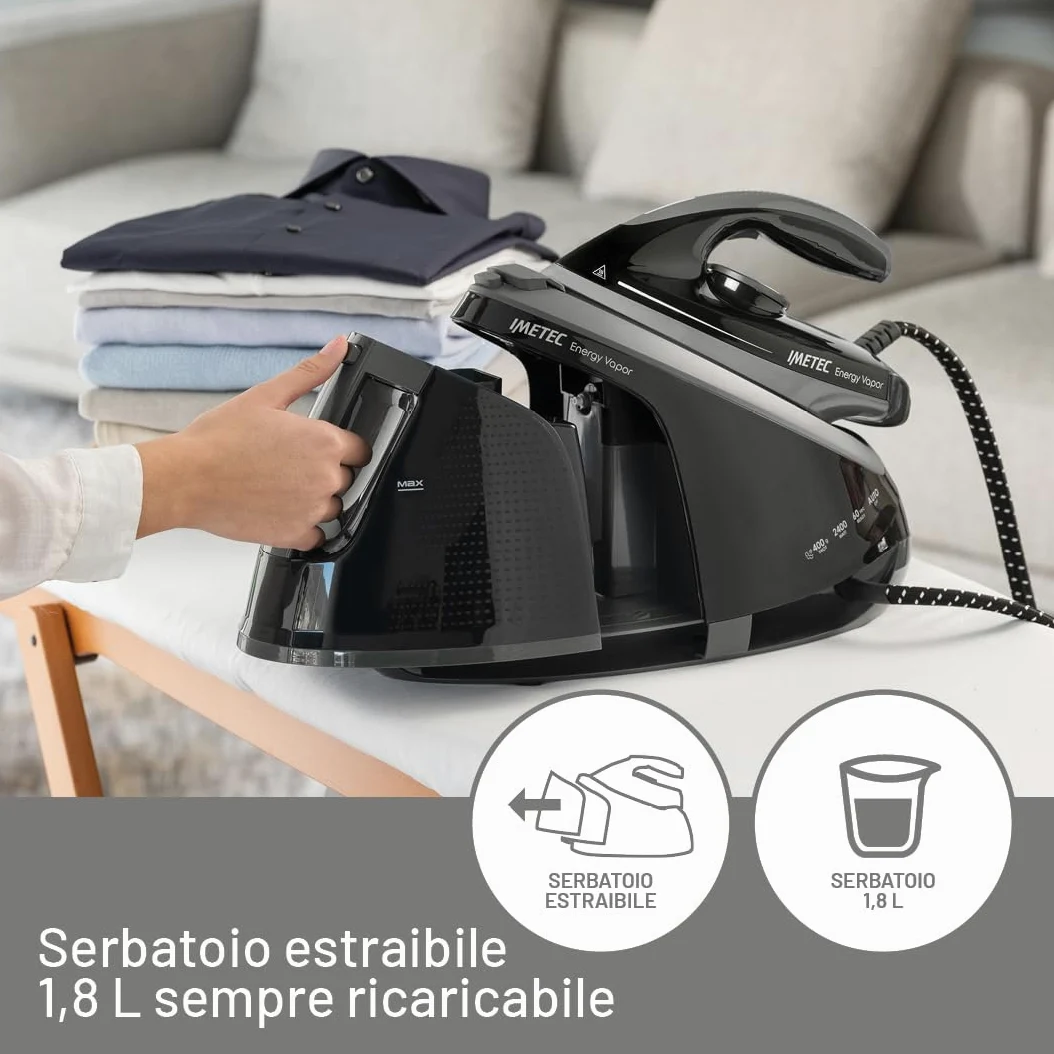 Imetec Energy Vapor, Ferro da Stiro con Generatore di Vapore, 6.5 BAR Pump, Colpo Vapore 400 g, 2400 W, Piastra Fluid Ceramic, Bloccaferro, Autospegnimento, Dispositivo di Pulizia, Tecnologia ECO