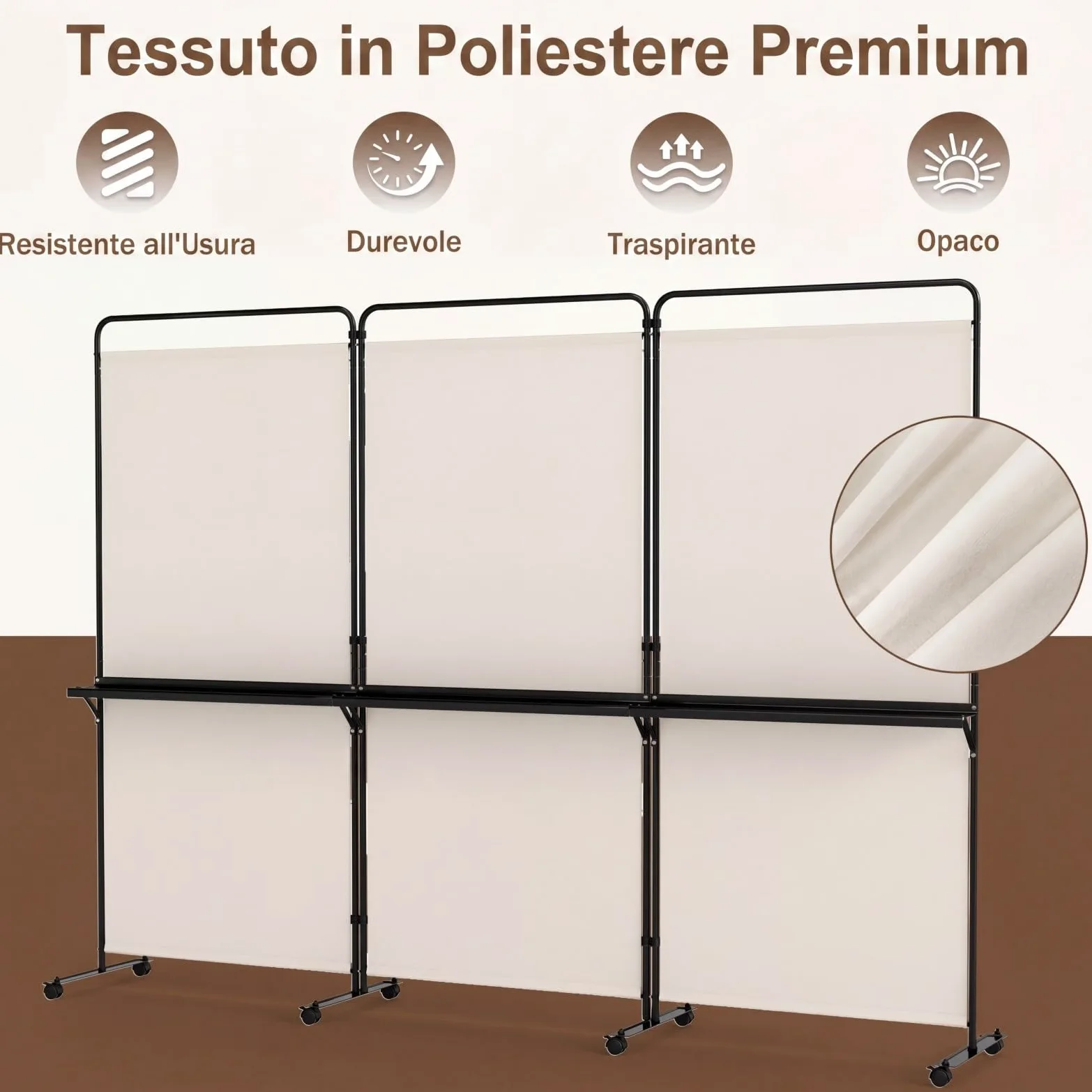 COSTWAY Paravento Interno 3 Ante con 8 Ruote Bloccabili e Ripiani (Bianco) | Separe Divisorio Pieghevole con Scaffale Portaoggetti, Tessuto Resistente e Opaco per Salotto, Camera da Letto e Ufficio