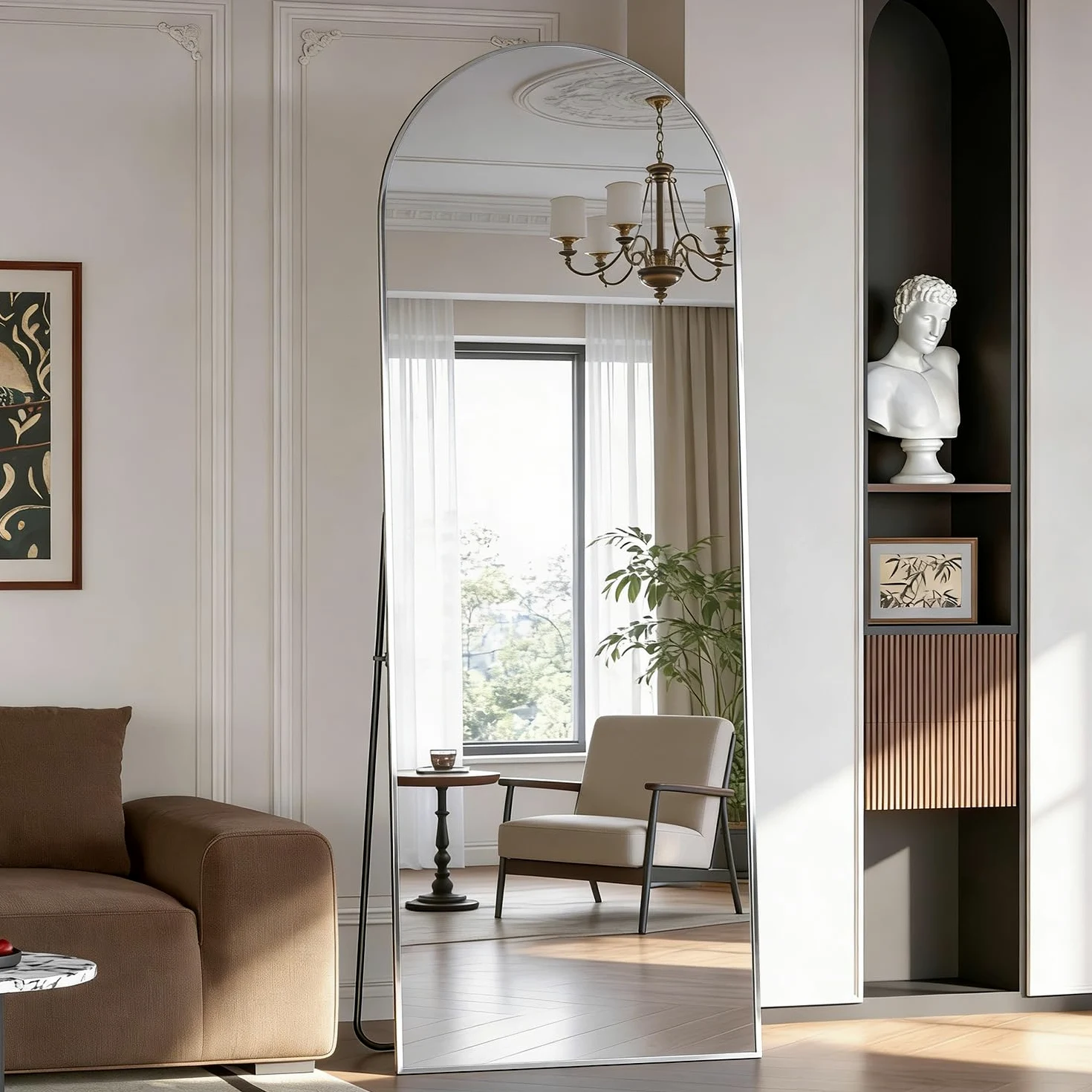 Specchio a figura intera, 162 x 53 cm specchio da pavimento con supporto, specchio ad arco Argento da terra o da appoggio per camera da letto e soggiorno