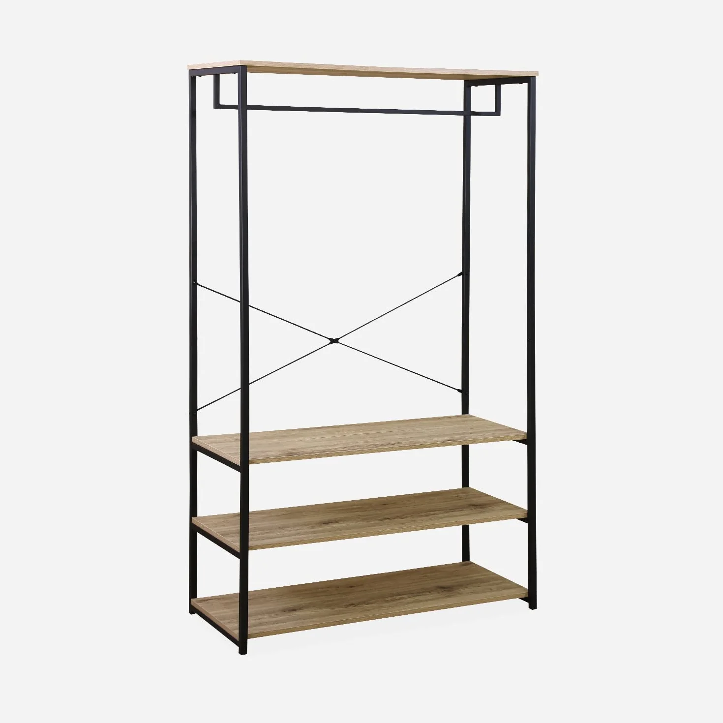 Spogliatoio, guardaroba, arredamento in metallo nero e legno, soppalco, 3 ripiani, un binario per armadio L 100 x L 40 x H 167cm