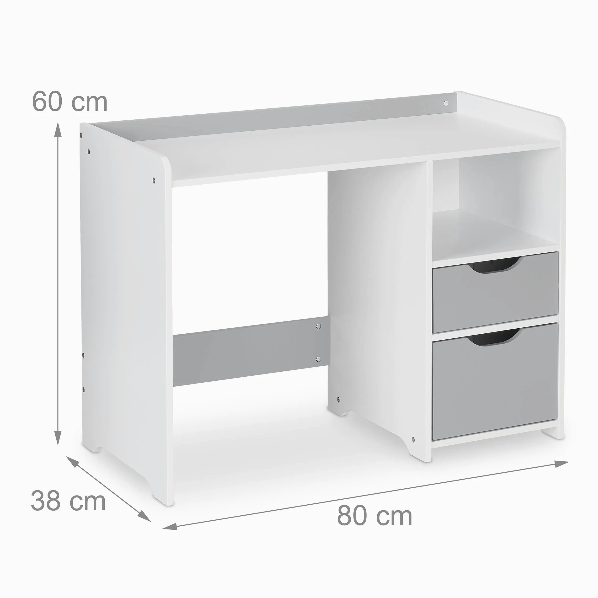 Relaxdays Scrivania per Bambini, 2 Cassetti, Ripiano Aperto, Tavolo per Scolari, HxLxP 60x80x38 cm, MDF, Bianco Grigio