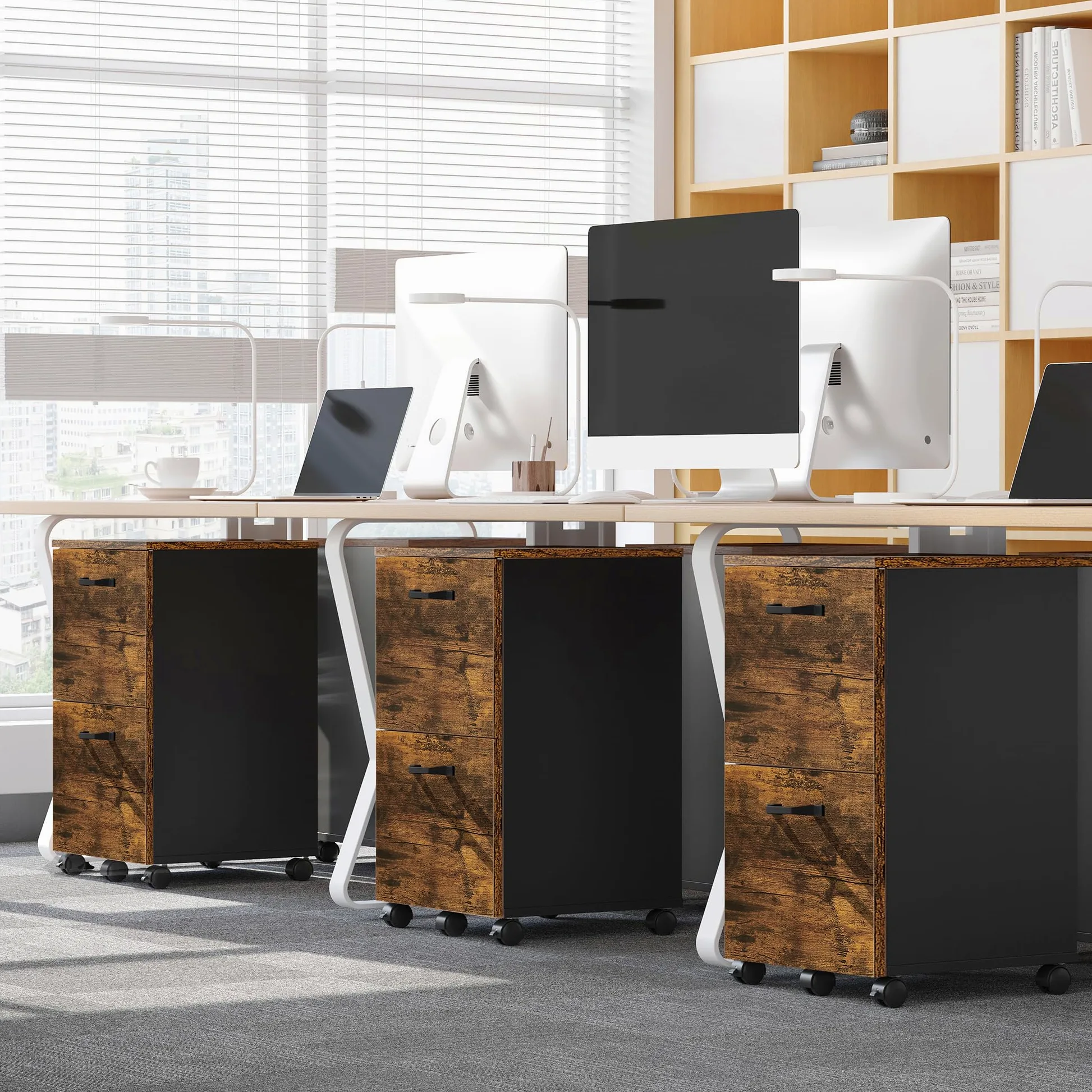 VASAGLE Cassettiera a 2 cassetti, credenza su ruote, per documenti A4, cartelle sospese, stile industriale, marrone rustico e nero OFC040B01