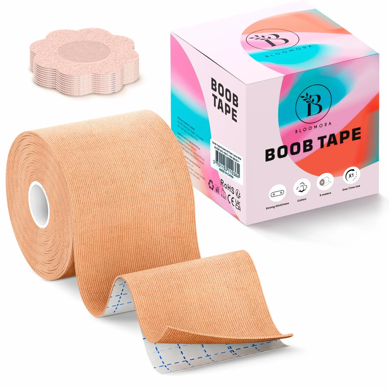 BLOOMORA Boob Tape Essential - Body Tape 5 cm con Copricapezzoli in Silicone - Nastro Push Up per Seno Grande - Nastro Adesivo Seno Extra Largo - Reggiseno Adesivo Invisibile Beige