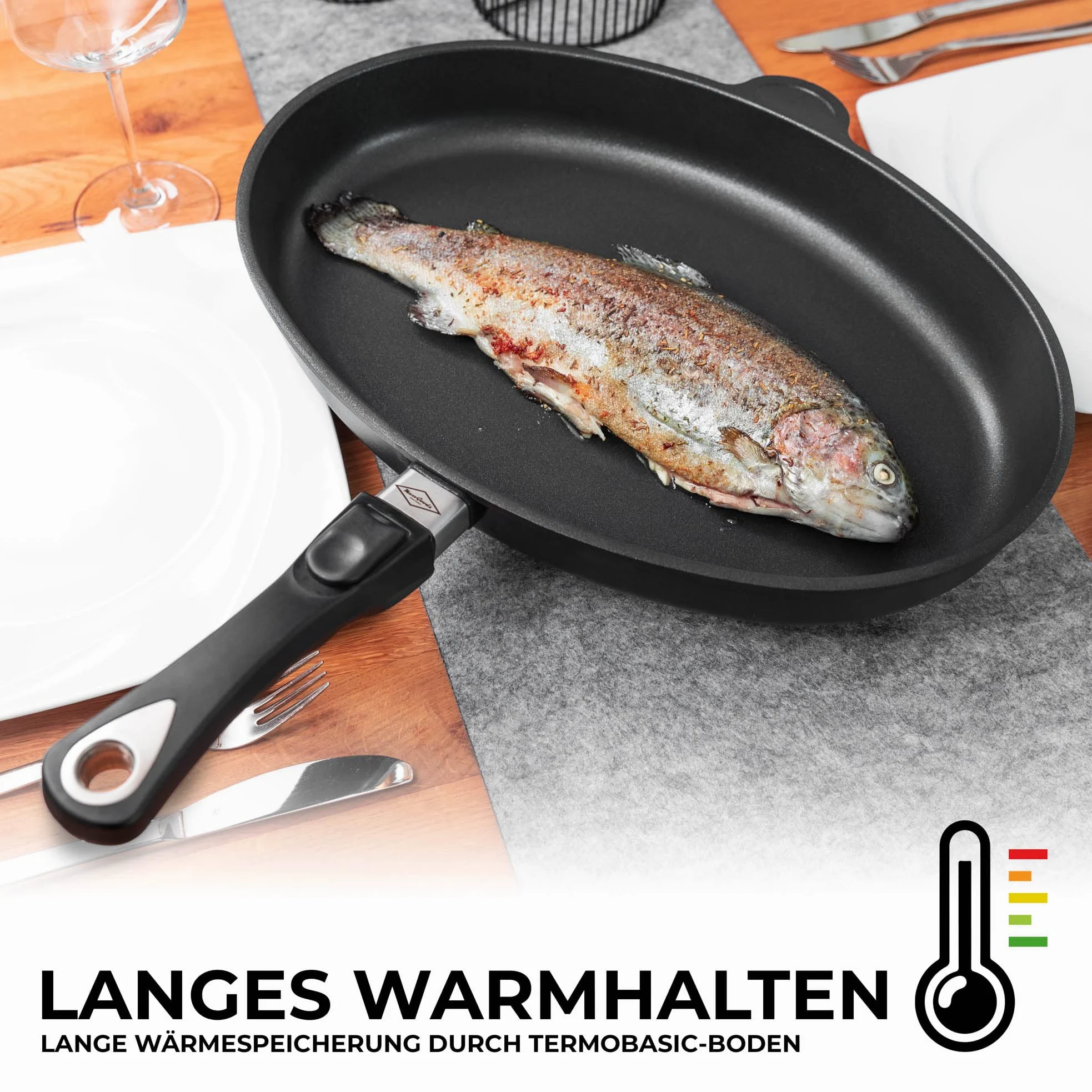 Pesce 41x27x5cm, padella in alluminio pressofuso, induzione - incluso coperchio in vetro e manico rimovibile di alta qualità - Made in Germany