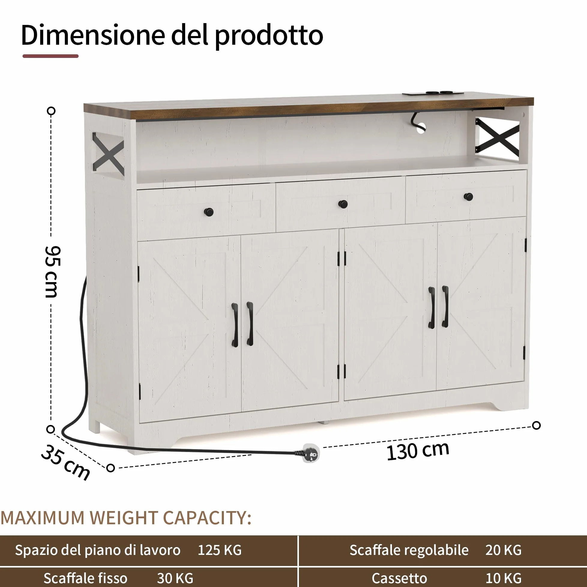 BonVache Credenza, credenza con cassetti, credenza con scaffali aperti, per cucina, sala da pranzo, soggiorno, 130 x 35 x 95 cm, bianco