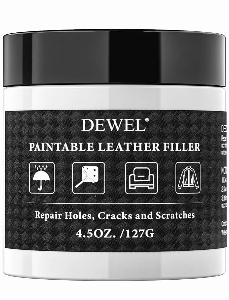 DEWEL Stucco per Pelle/Ecopelle, Ripara Pelle Divano, per Riempire Buchi, Graffi, Crepe e Strappi (Bianco, 100g)