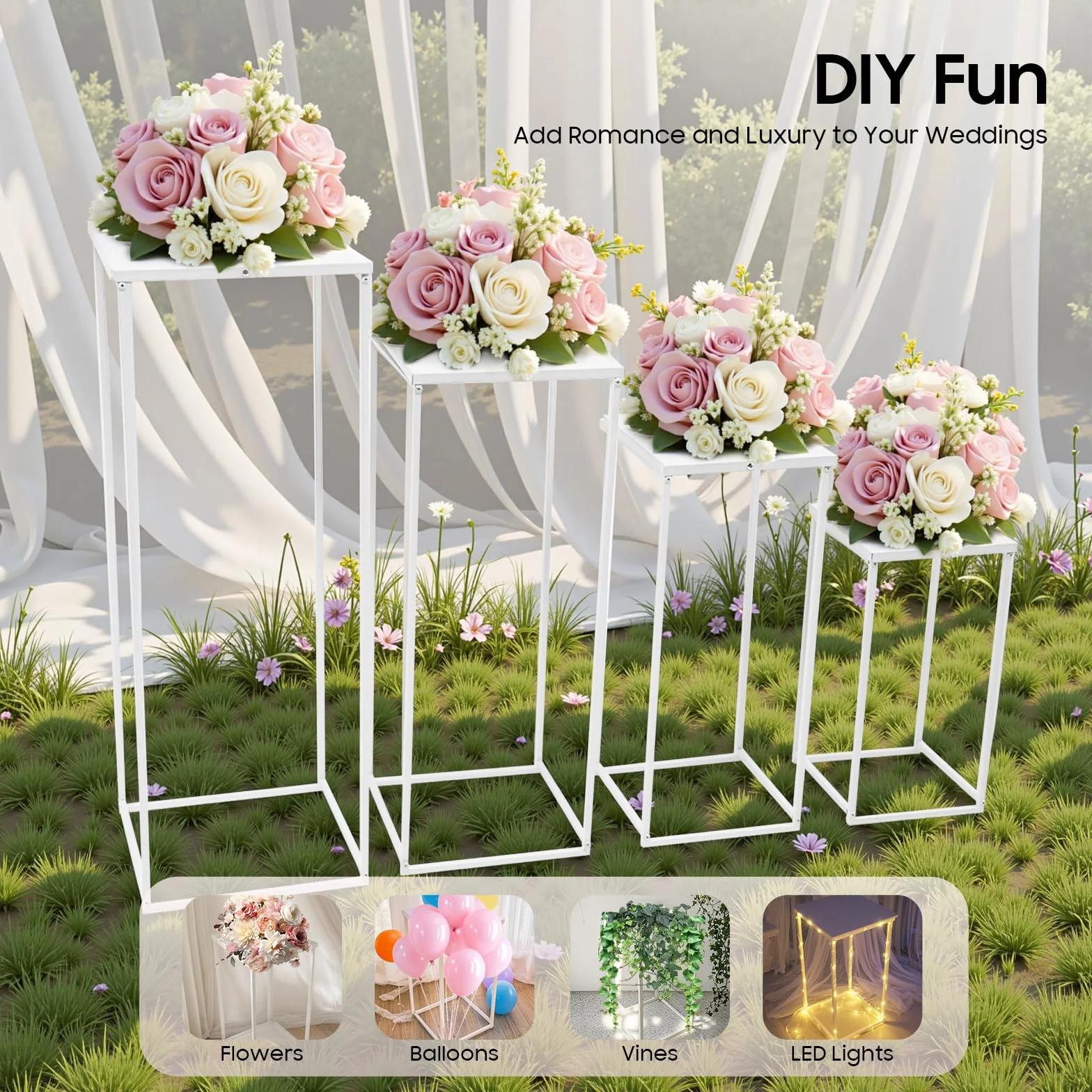 Set di 4 Sgabelli per Fiori, In Metallo, Forma Rettangolare, Supporto Per Colonna Vaso Geometrico Espositore Per Fiori Decorazione a Colonna, Bianco, 4 dimensioni