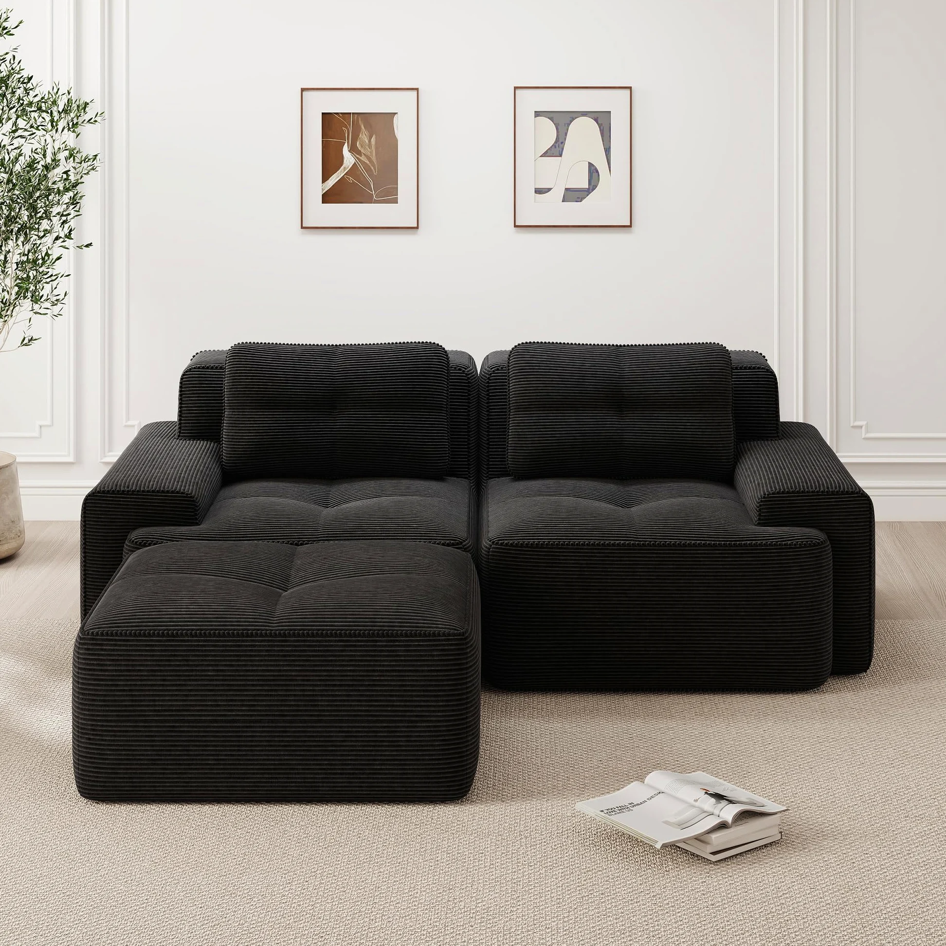 Divano modulare nero Boneless, moderno divano modulare a L per soggiorno, comodo divano in corduroy cloud con ottomano, divano letto a due posti trapuntato