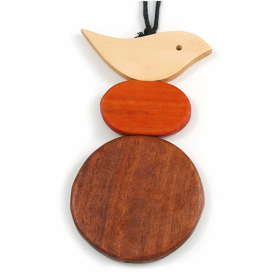 Avalaya Ciondolo Uccellino Legno Naturale Marrone Arancione Cordoncino Cotone Nero Regolabile 80 cm
