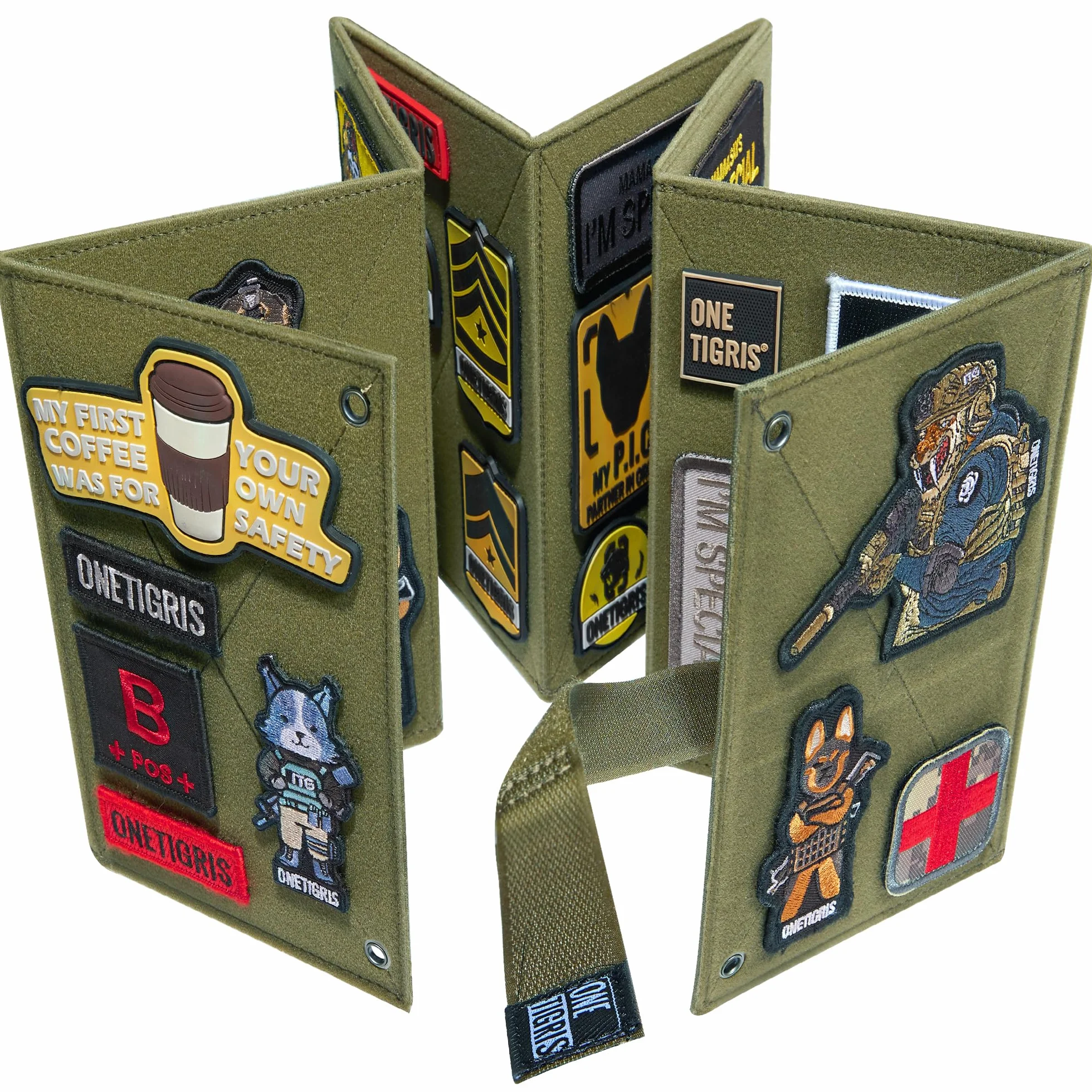 OneTigris Pannello Espositivo Tattico Pieghevole per Patch, 112 x 20,5 cm, Organizer a Booklet per Patch Militari
