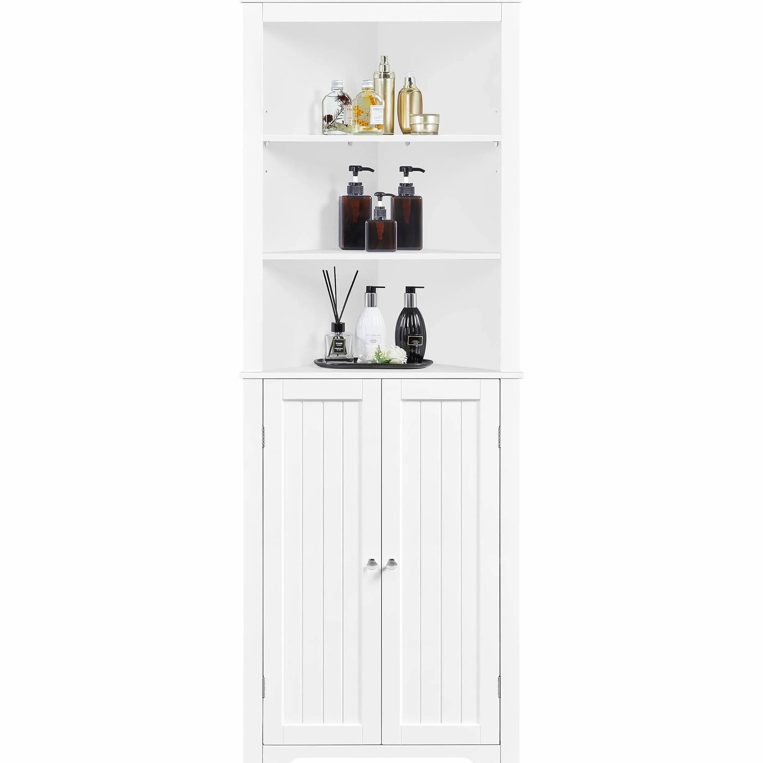 Yaheetech Mobile da Bagno Armadietto a Colonna Alto d'Angolo 163 x 60 x 43 cm Mobiletto Cucina Autoportante con 3 Ripiani Aperti in Legno Armadio Triangolo Moderno Multiuso da Terra Bianco
