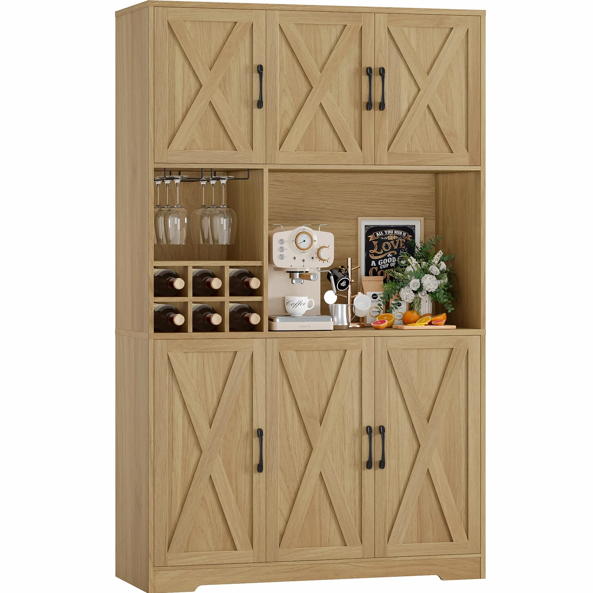 HOCSOK Credenza Cucina, Alta Dispensa Cucina con 6 Armadietti, Rimovibile Portabottiglie da parete con porta calici, Microonde con Ripiani Aperti, mobile soggiorno, Bianco (Marrone)
