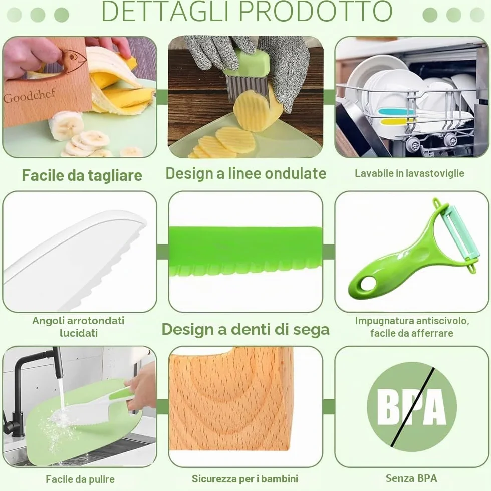 Set di 8 coltelli da cucina per bambini, per tagliare e cucinare, frutta o verdura, incluso coltello in legno, tagliere e pelapatate, pesce