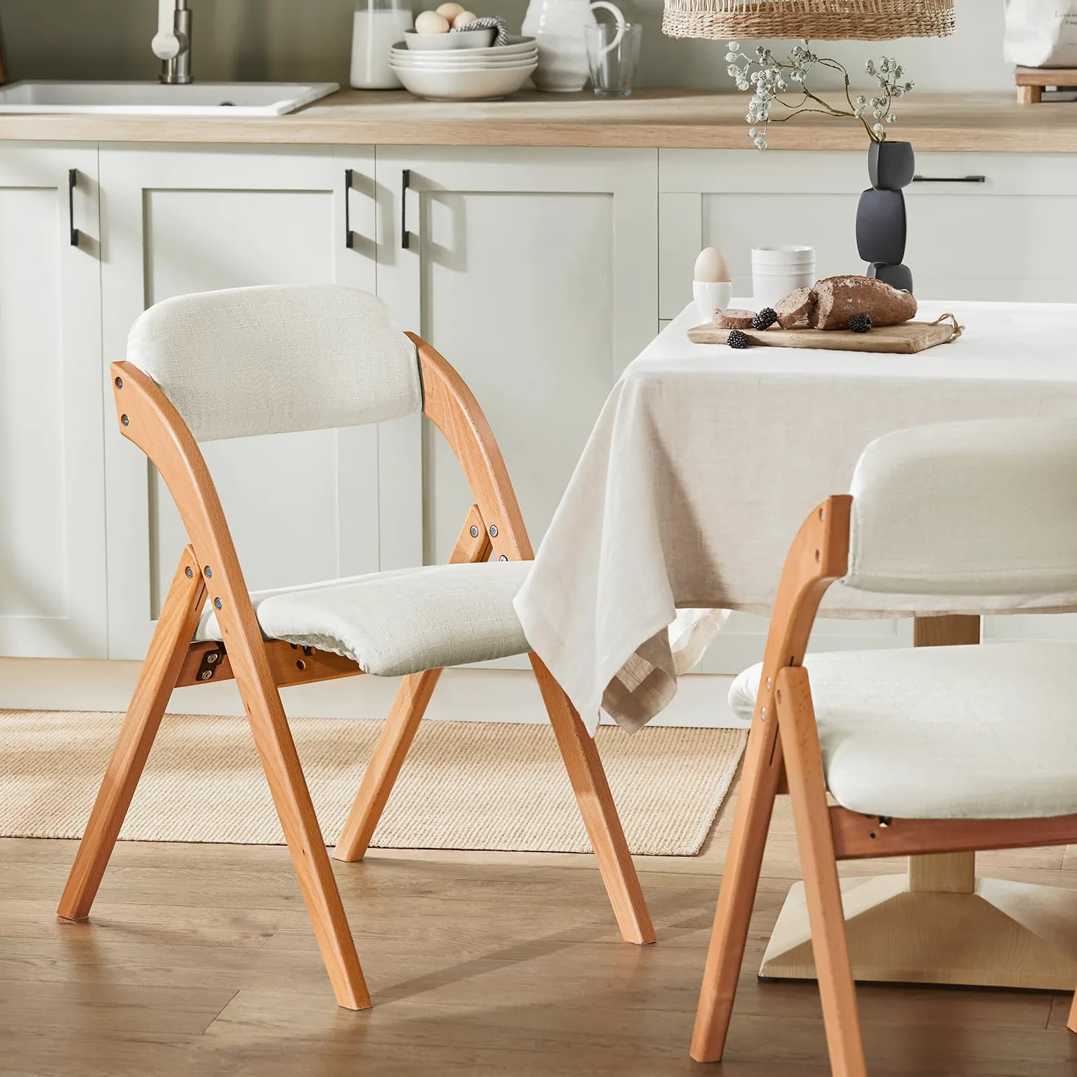 SoBuy Sedia Pieghevole in Legno Set da 2 Poltrona Imbottita da Cucina, Sedie da Interno per Ufficio, Balcone, Giardino – Sedie Pieghevoli Salvaspazio Richiudibili in Faggio, Bianco FST92-Wx2