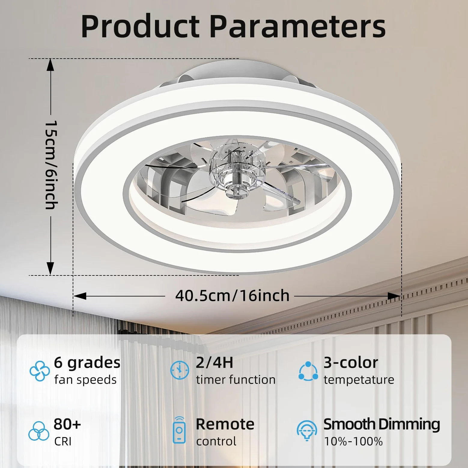 Ateroll Ventilatore da Soffitto con Luce Ø41.5CM, DC 25W LED 25W Dimmerabile 3CCT (3000K-4000K-6500K), 6 Velocità, Timer, Memoria di Illuminazione, Adatto per Camera da Letto, Soggiorno