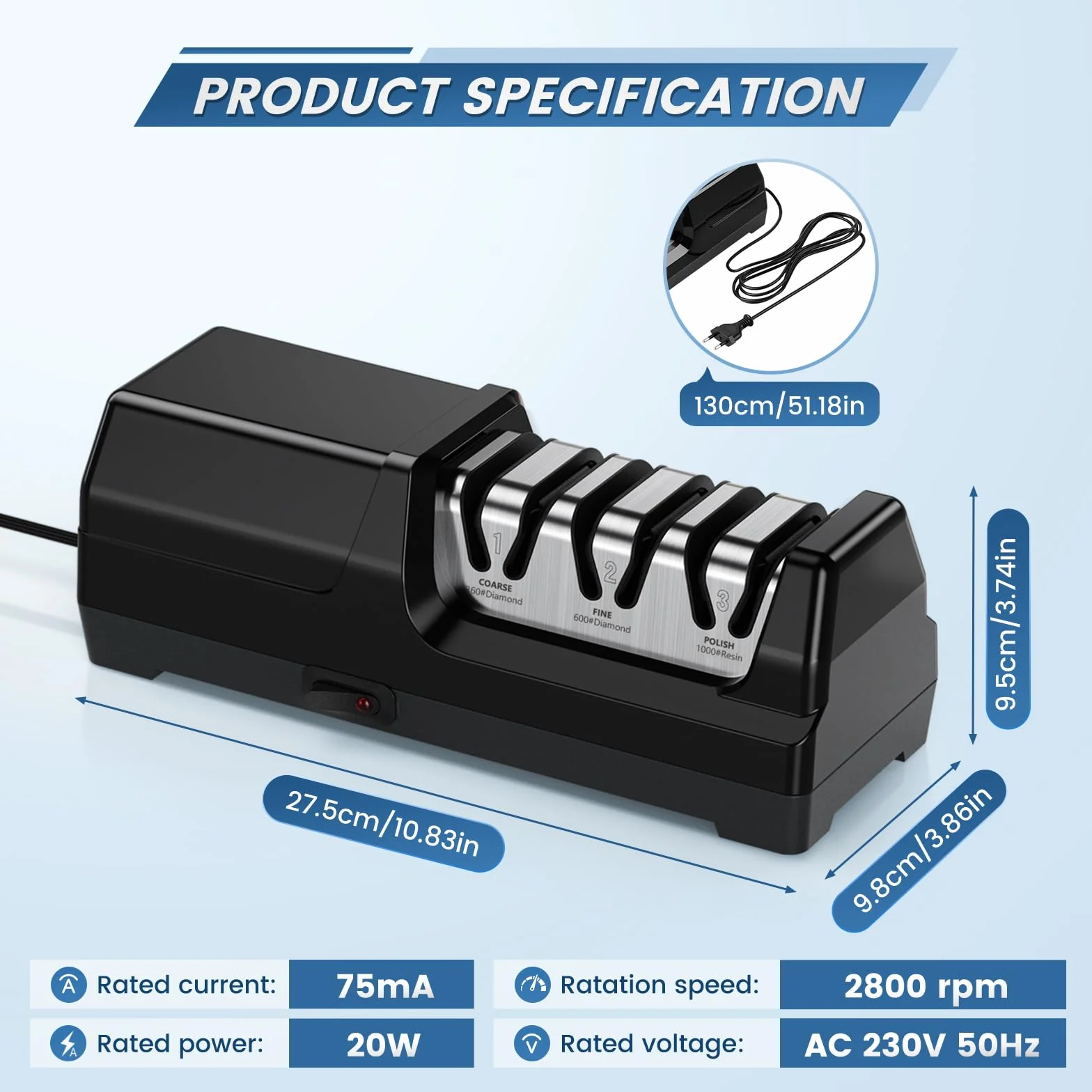 Affilacoltelli elettrico professionale a 3 livelli 20 gradi con diamante guida angolare Nero