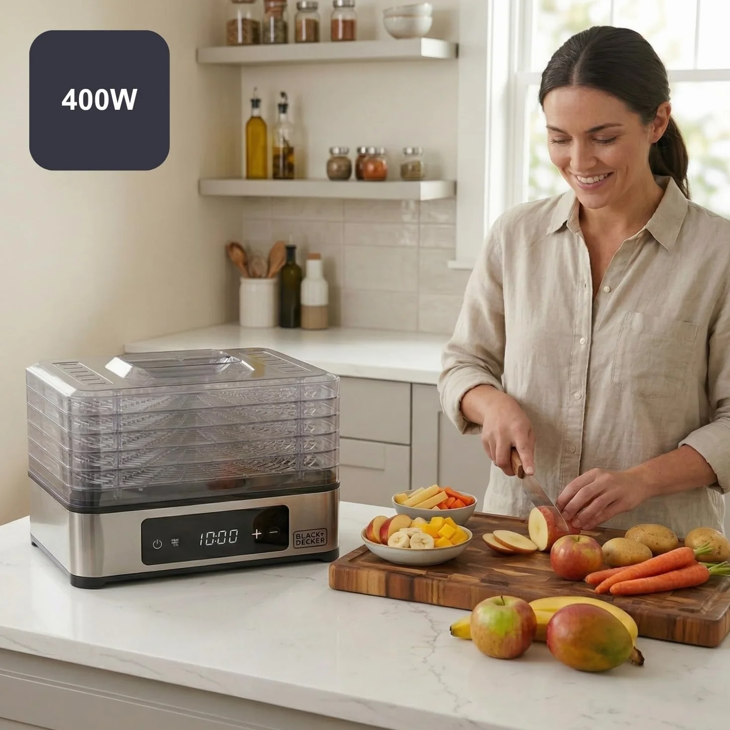 Black+Decker - essiccatore alimentare 400W | 5 vassoi trasparenti 29x21 cm | pannello digitale touch | temperatura regolabile 35-70°C | timer 48h | spegnimento automatico | senza BPA