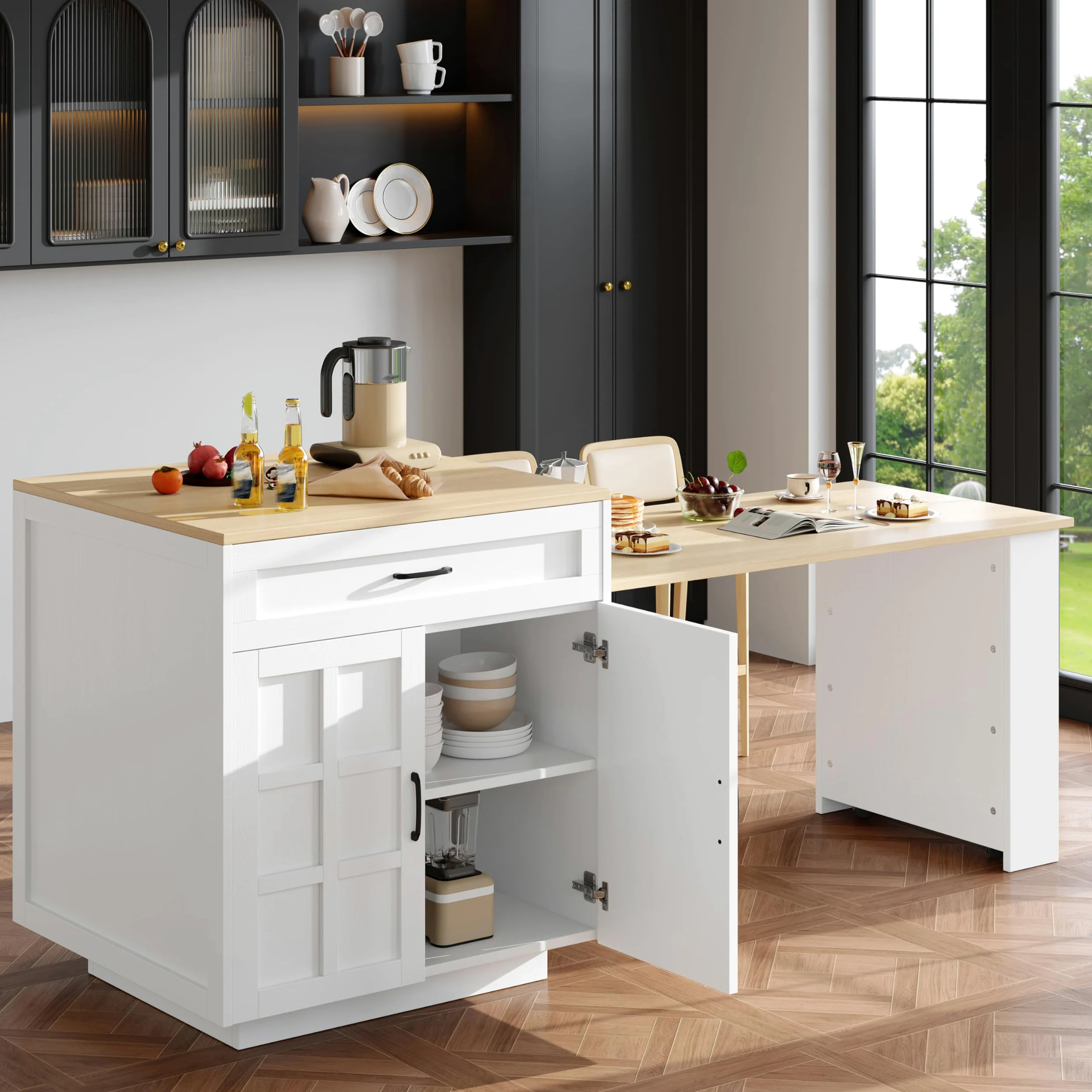 Bladez Isola cucina piano lavoro espandibile, tavolo da cucina allungabile 2-6 persone, tavolo bar con ripiani laterali e cassetti, penisola cucina, angolo bar, nero