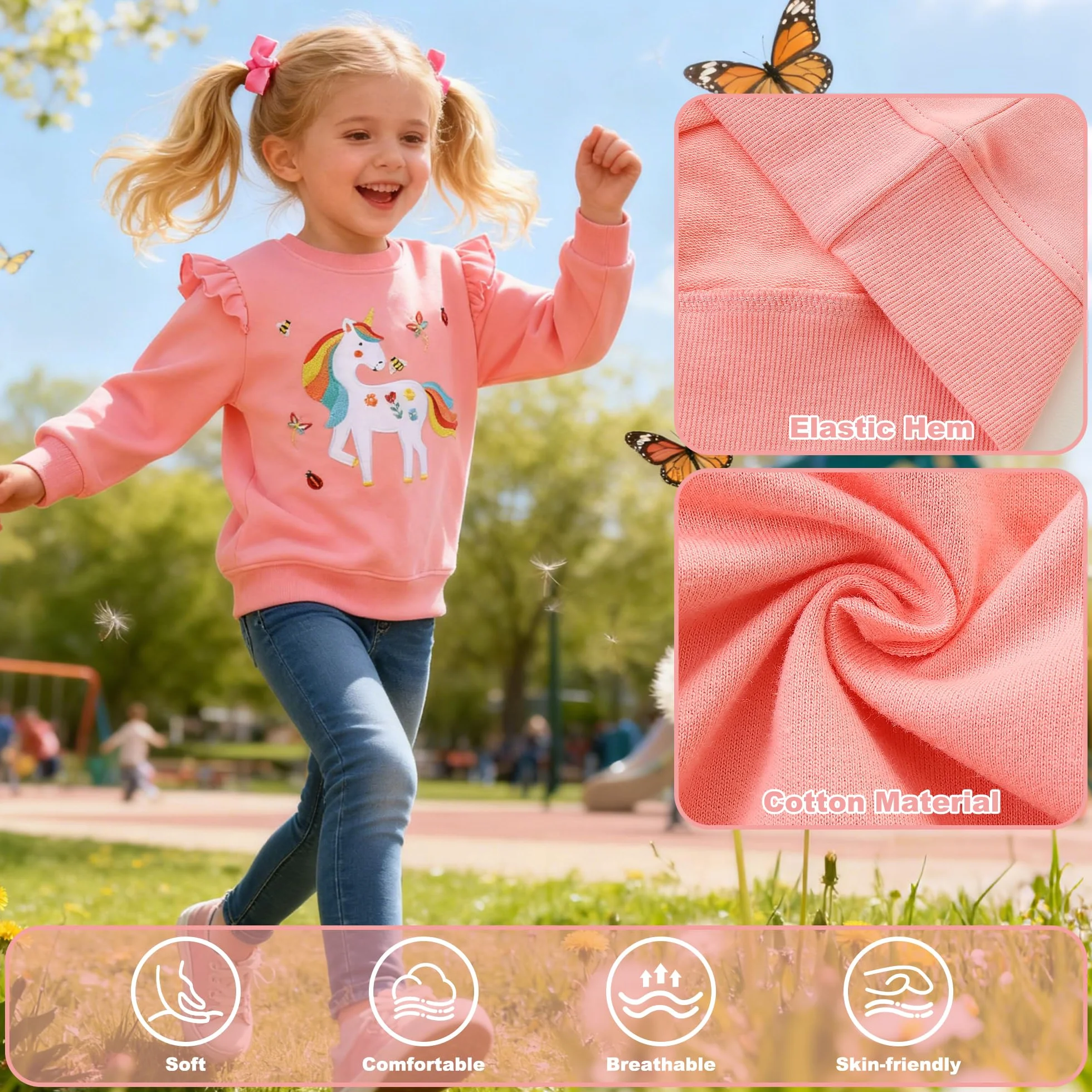 Felpa Bambina Cotone Manica Lunga Maglione Arcobaleno Unicorno Stampato Ricamo Pullover Girocollo 2-8 Anni