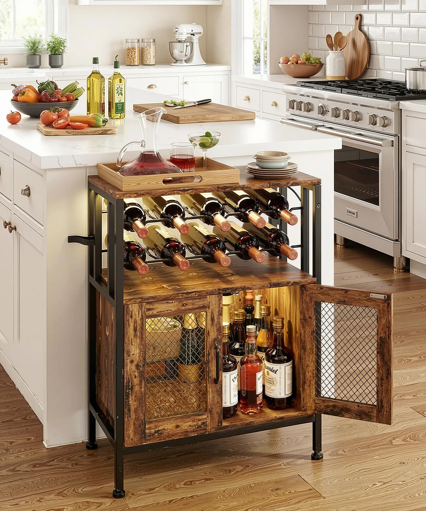 Yorbay Mobili Portabottiglie con Luci LED: Mobile Bar Autoportante con Anta a Griglia per 10 Bottiglie e 6 Bicchieri - Scaffale per Vini in Stile Industriale per Cucina Soggiorno Sala da Pranzo