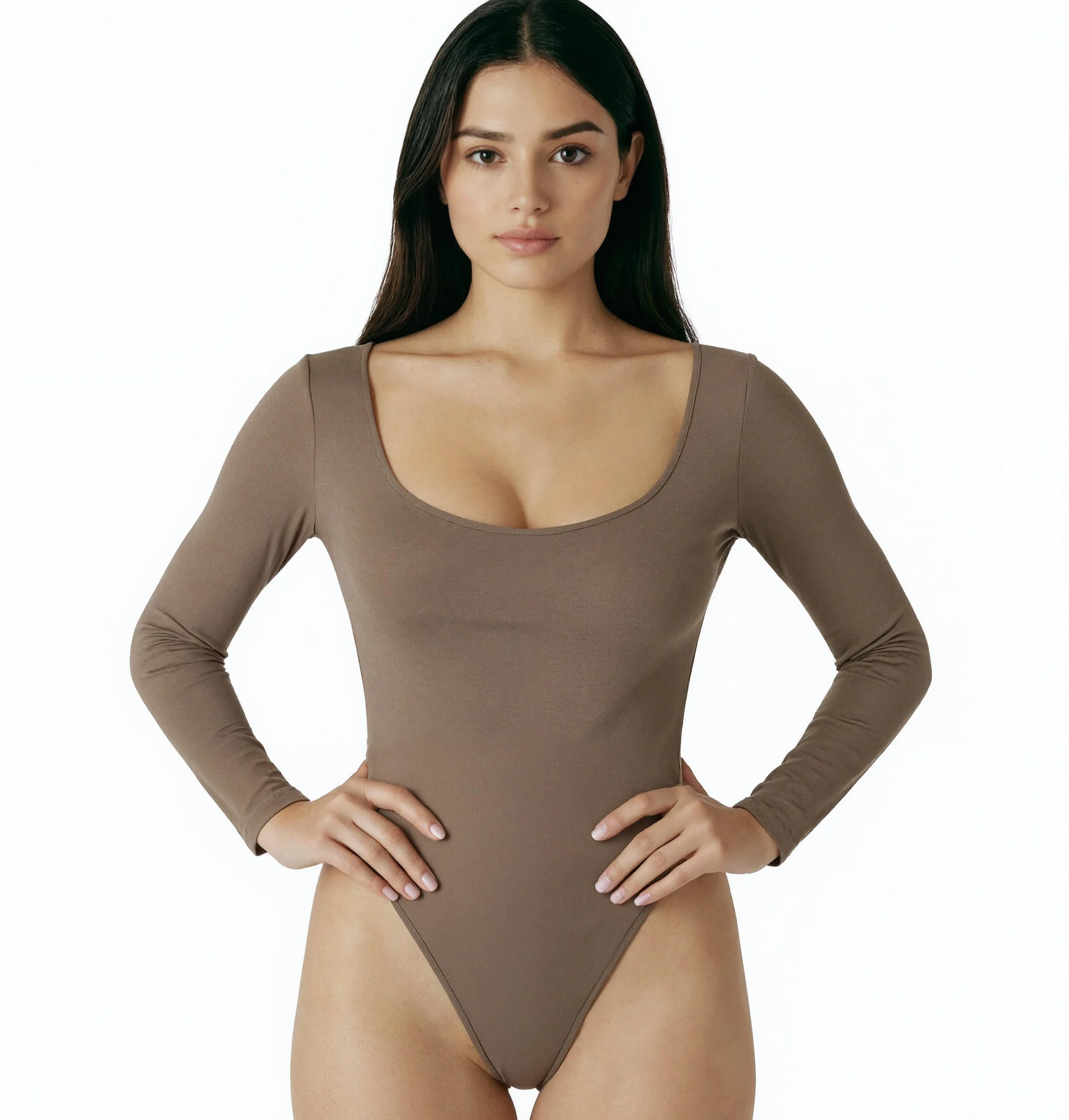 Body Donna in Cotone Maniche Lunghe Scollo Profondo Tinta Unita Aderente Elegante Sexy Elasticizzato